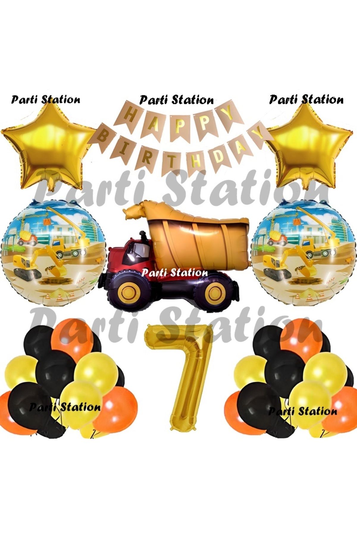 Parti Station İnşaat Konsept Kamyon Balon Set 7 Yaş İnşaat Tema Kamyon Doğum Günü Balon Set