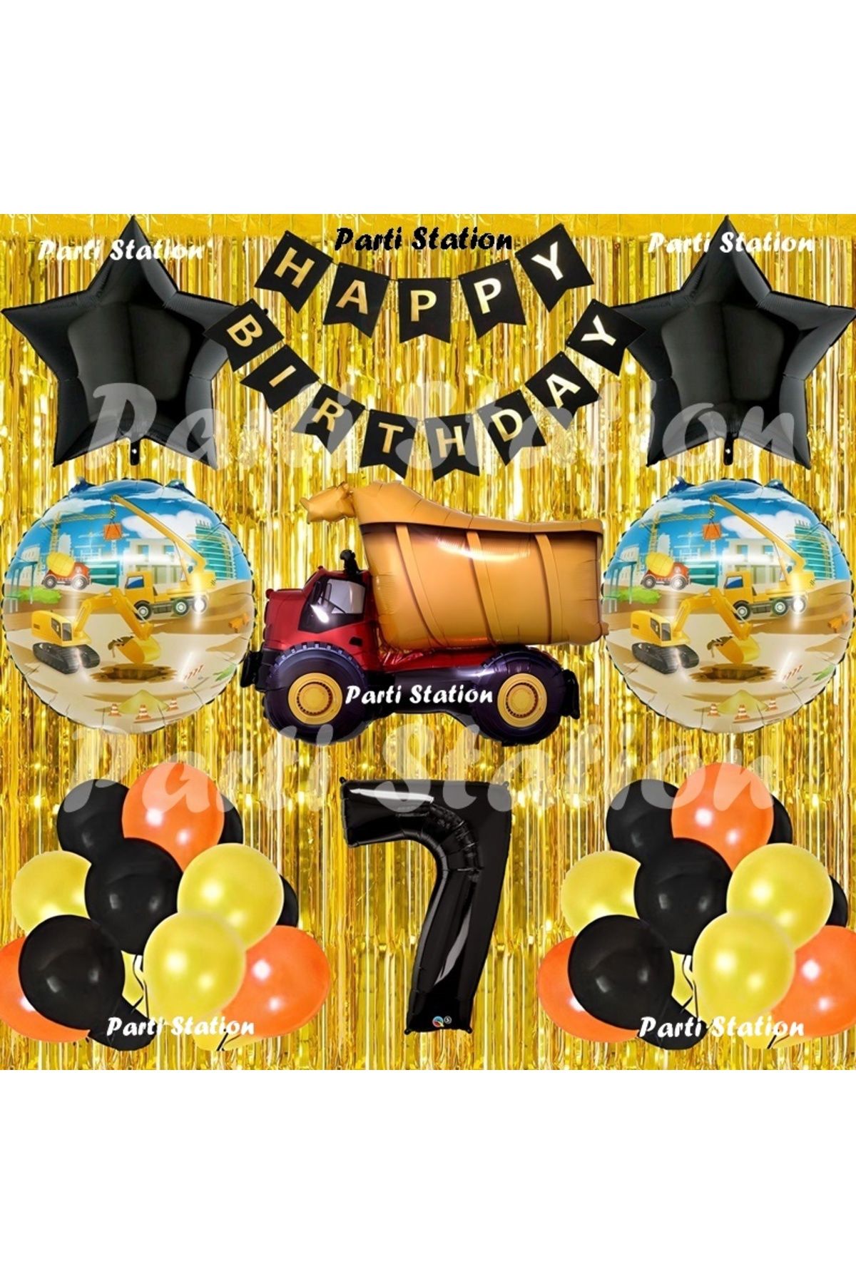 Parti Station İnşaat Konsept Kamyon Balon Set 7 Yaş Sarı Siyah İnşaat Tema Kamyon Doğum Günü Balon Set
