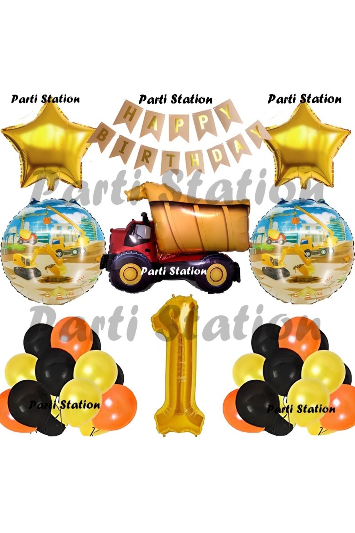 Parti Station İnşaat Konsept Kamyon Balon Set 1 Yaş İnşaat Tema Kamyon Doğum Günü Balon Set