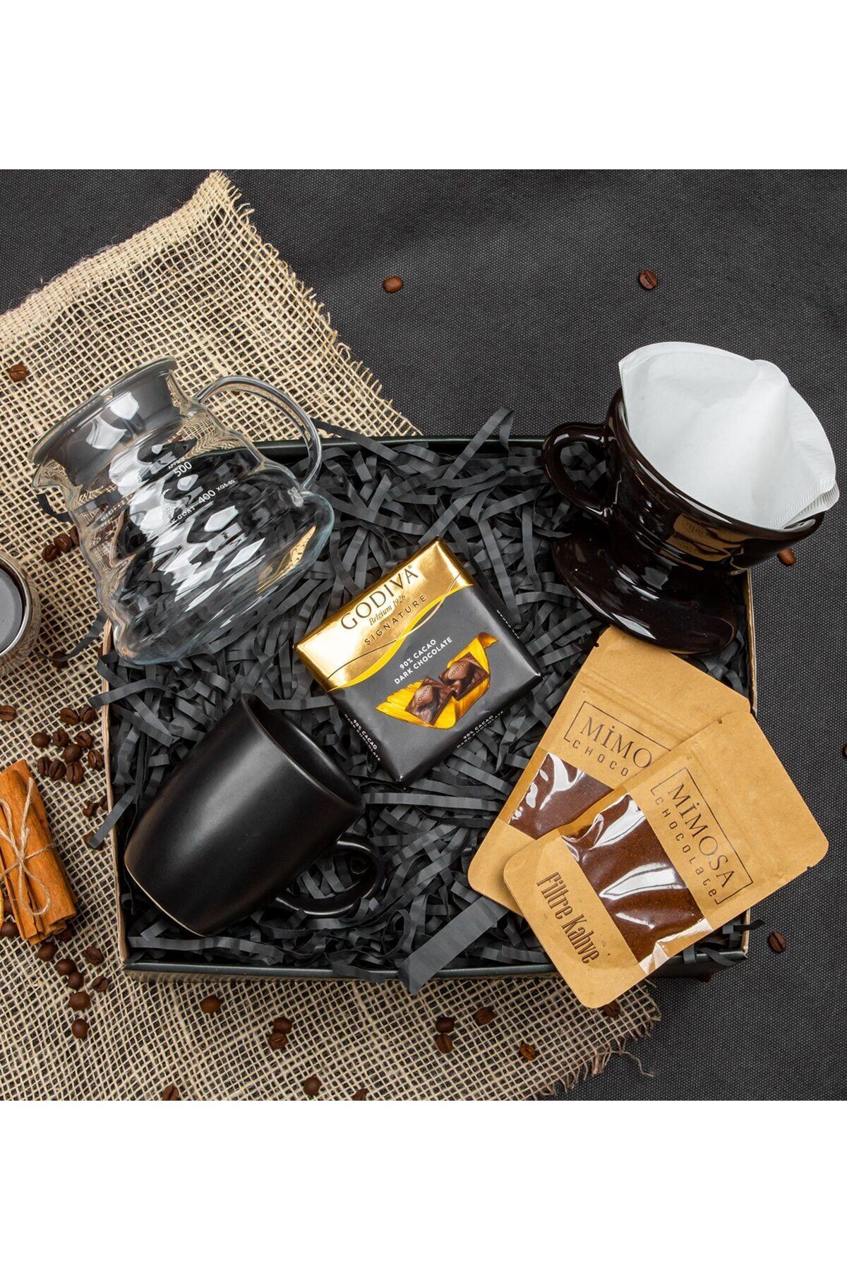 ATÖLYE247 Kahve Sürahisi Siyah Dripper Filtre Kahve Kağıdı Siyah Kupa Filtre Kahve Godiva Çikolata Hediye Seti