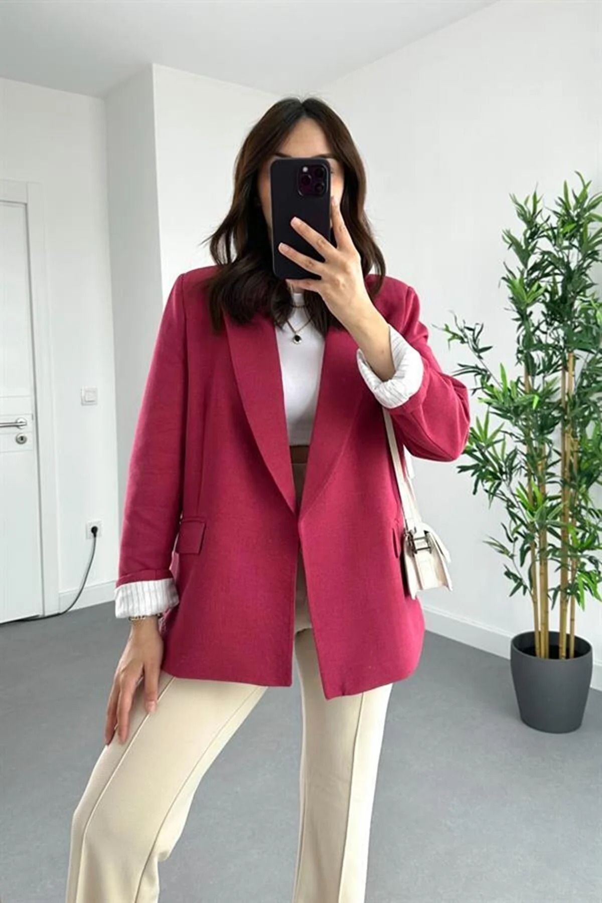 My Blog Kadın Keten Bordo Astarlı Blazer Ceket