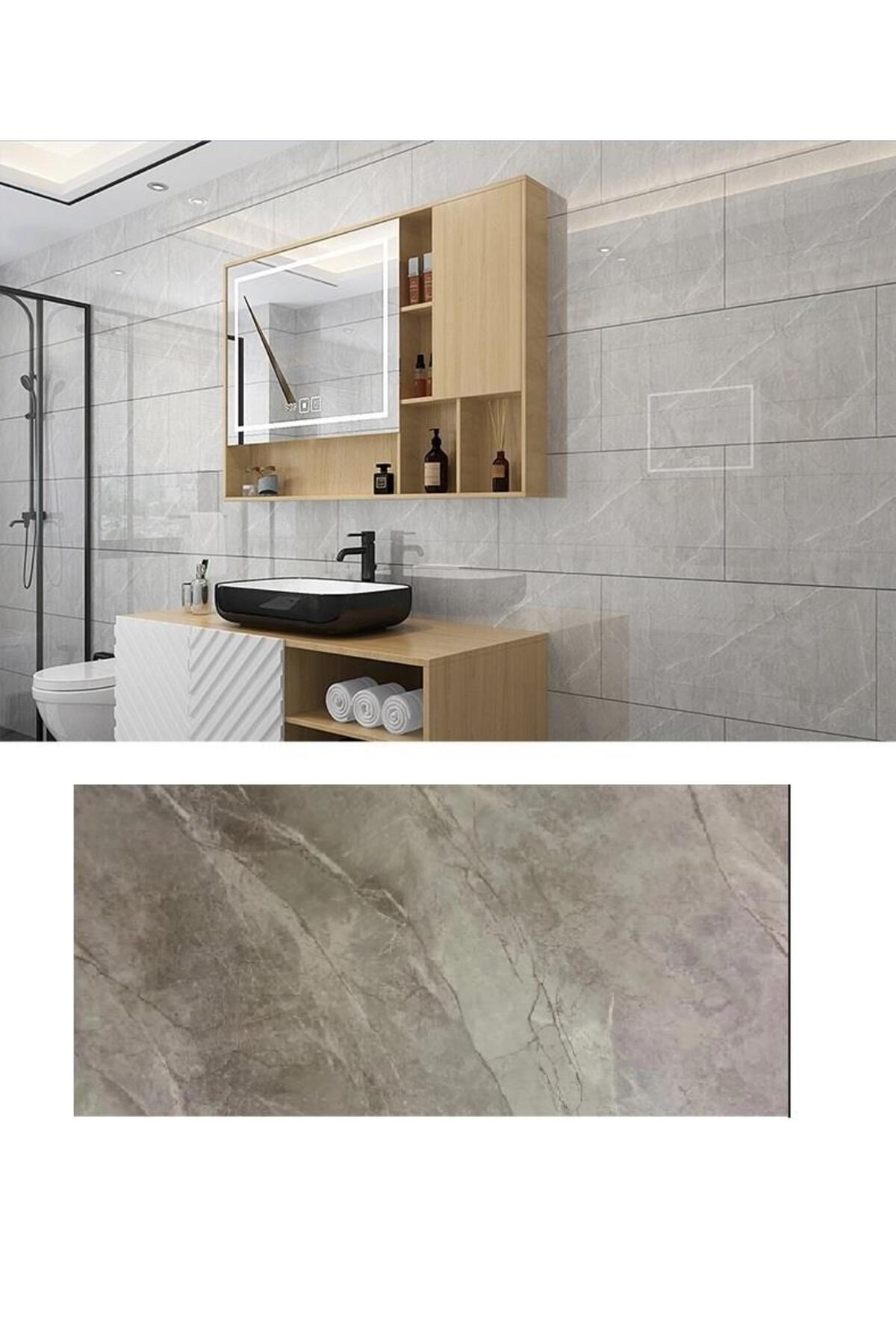 Renkli Duvarlar 60x30cm 1 Adet Shiny Açık Kahve Mermer Desen Yapışkanlı Karavan Prefabrik Banyo Duvar Kaplama Paneli