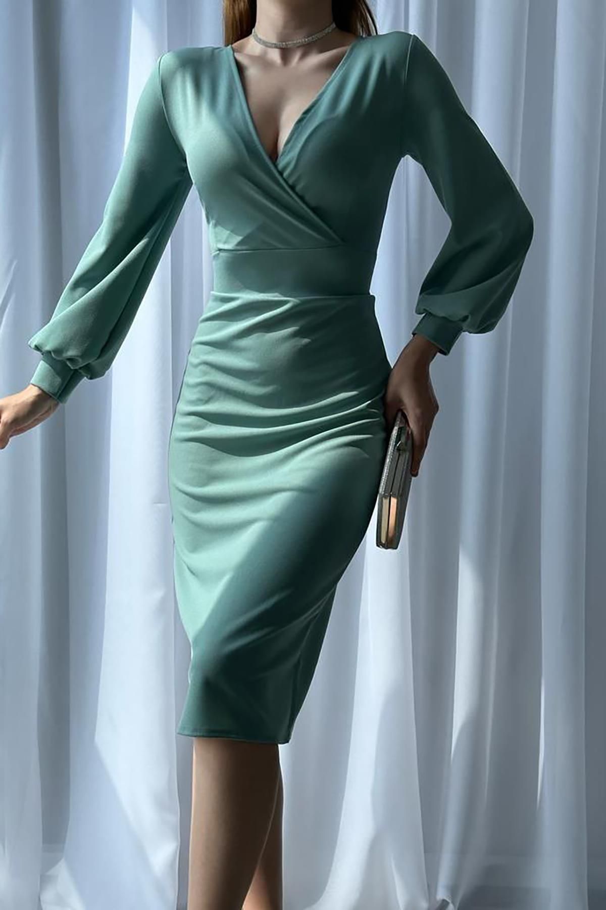 Deafox Mint Rengi Krep Kumaş Uzun Kollu Kruvaze Yaka Elbise