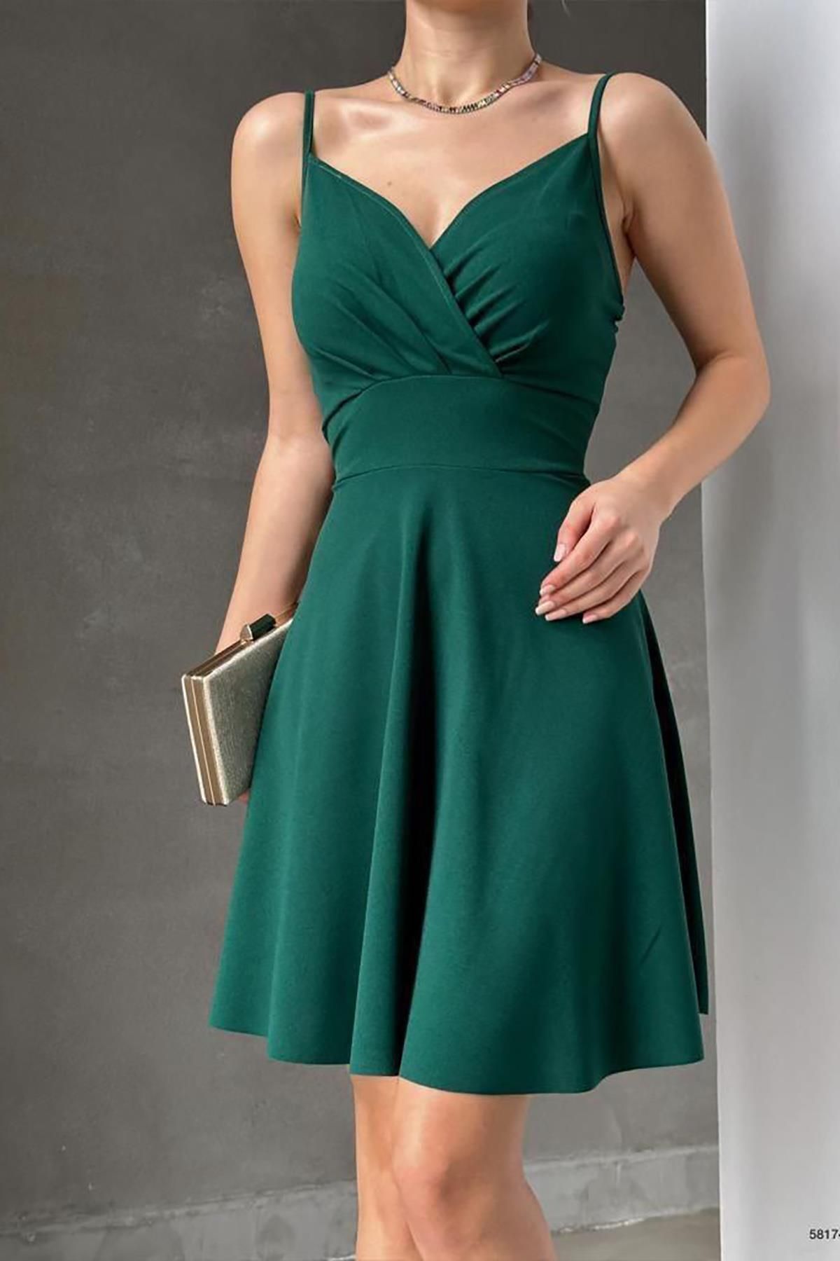 Deafox Krep Kumaş Yeşil Ince Askılı Kloş Elbise