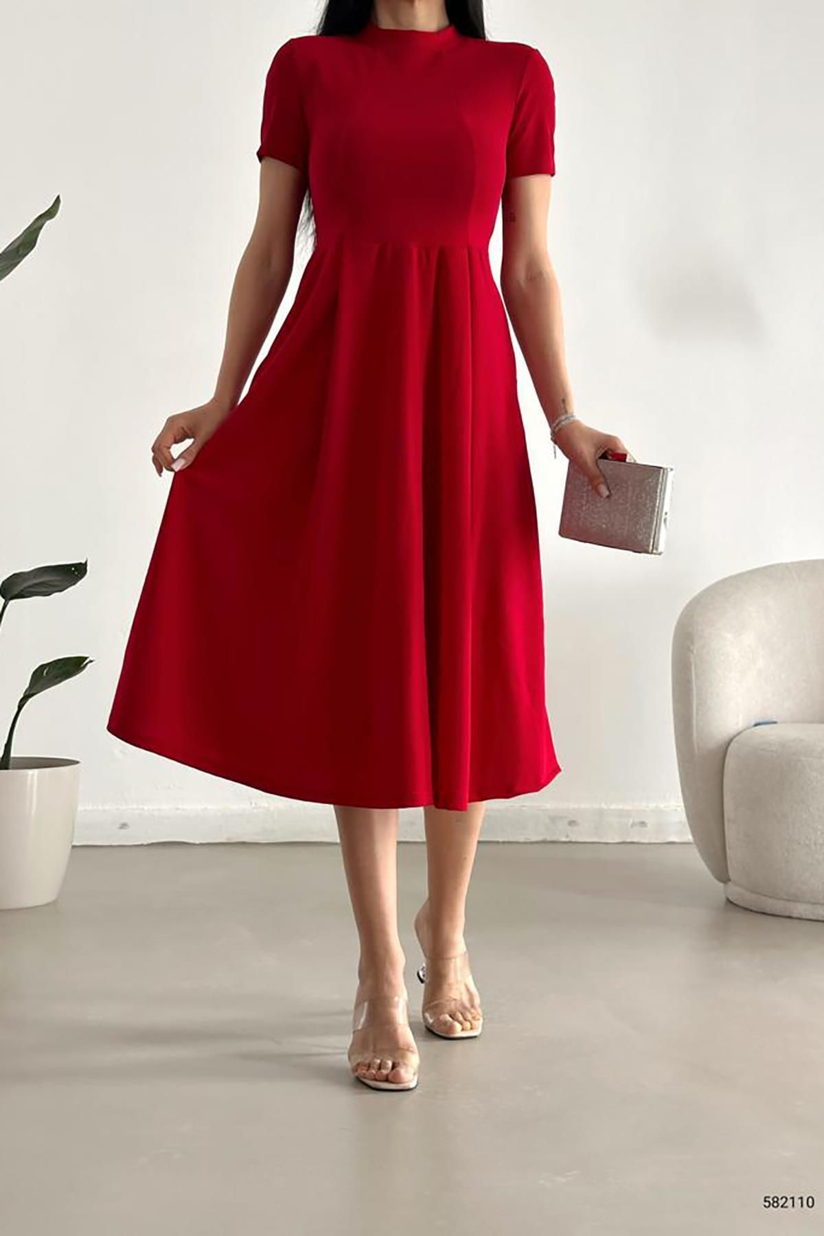 Deafox Kırmızı Kısa Kollu Cepli Uzun Krep Kumaş Elbise
