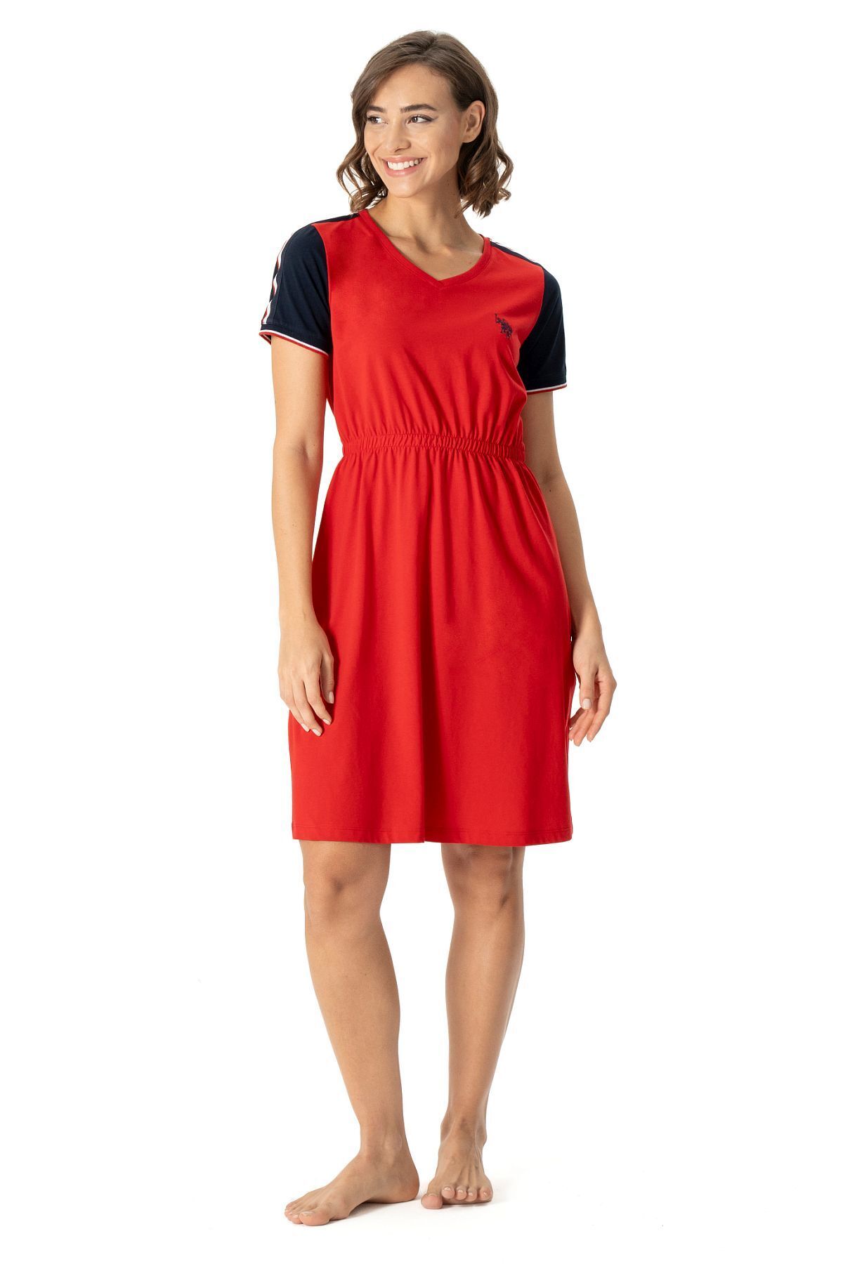 U.S. Polo Assn. U.s Polo Assn. 17001 Kadın V Yaka Rahat Elbise-Kırmızı