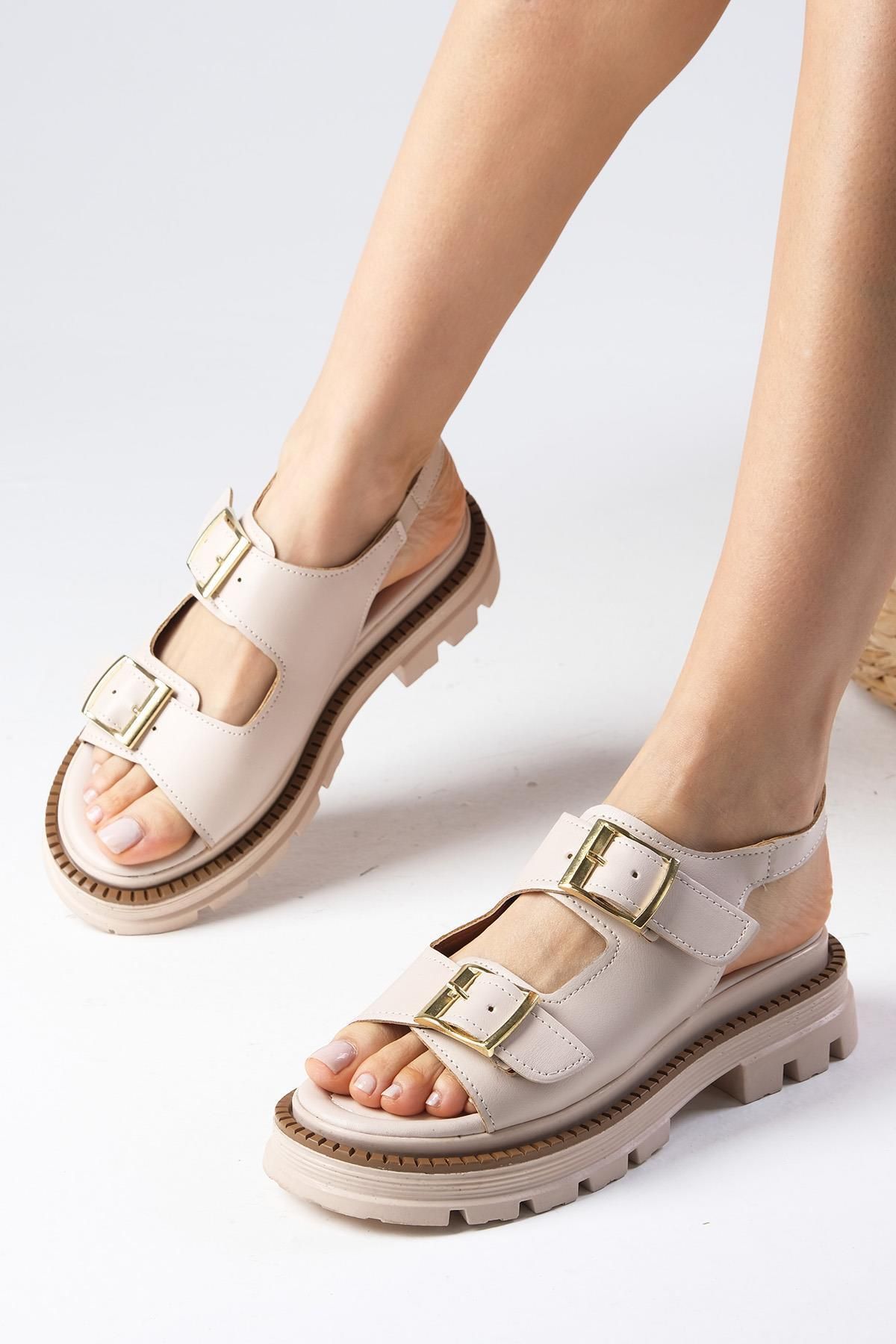 Mio Gusto Blake Bej Renk Çift Tokalı Kadın Sandalet Ayakkabı
