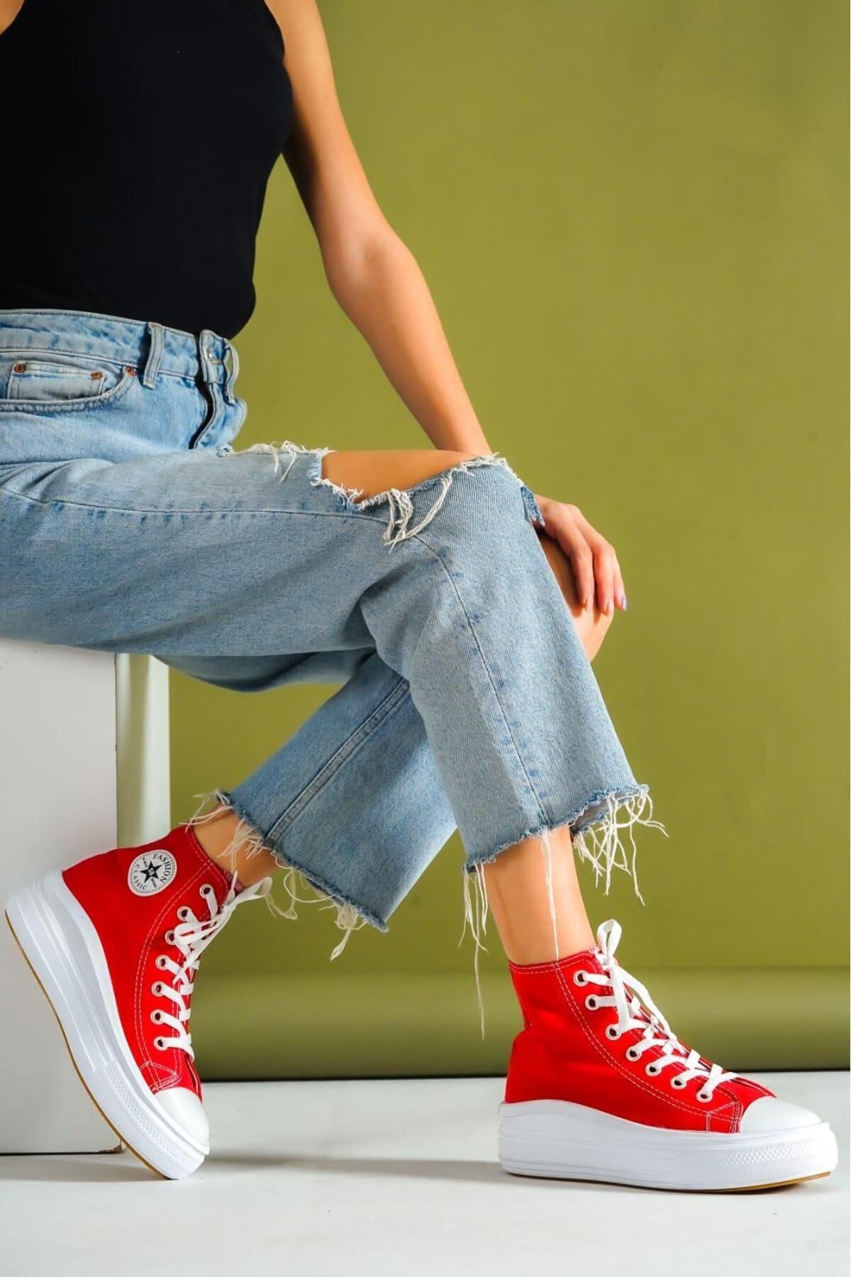 ripuvainen Lofty Kadın Kırmızı Rahat Keten Bilekli Günlük Spor Kalın Tabanlı -5cm- Bağcıklı Sneaker Ayakkabı