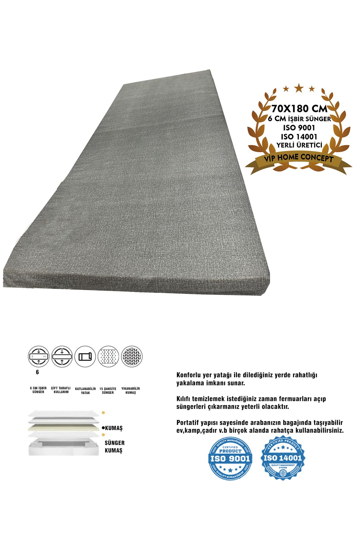 Vip Home Concept Eco Vip Tek Kişilik Yatak Karavan Kamp Çadır Yatağı Sünger Yatak 70 X 180 X 6 Cm-GRİ