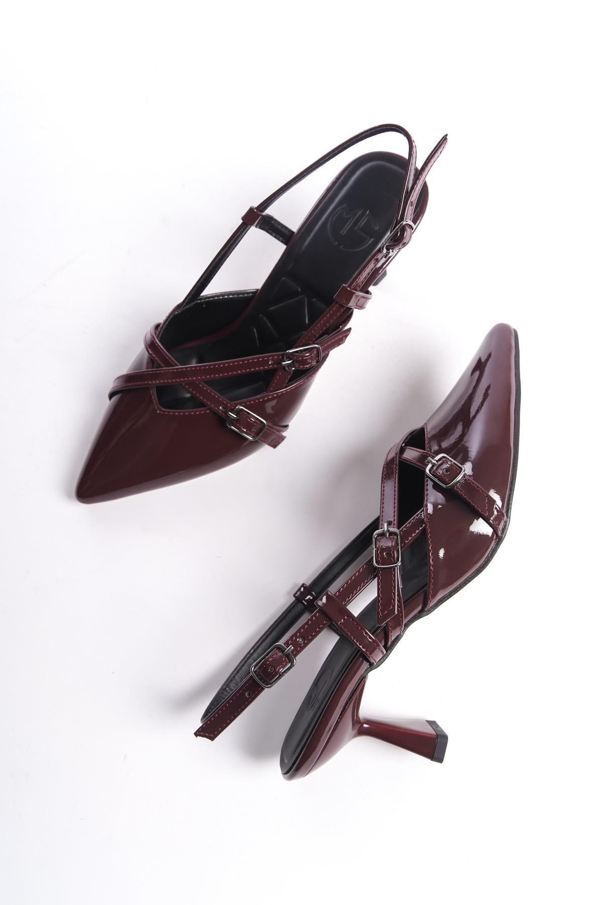 Modabuymus İkparS Mary Jane Bordo Rugan İki Bantlı Stiletto Sivri Kısa Topuklu Ayakkabı