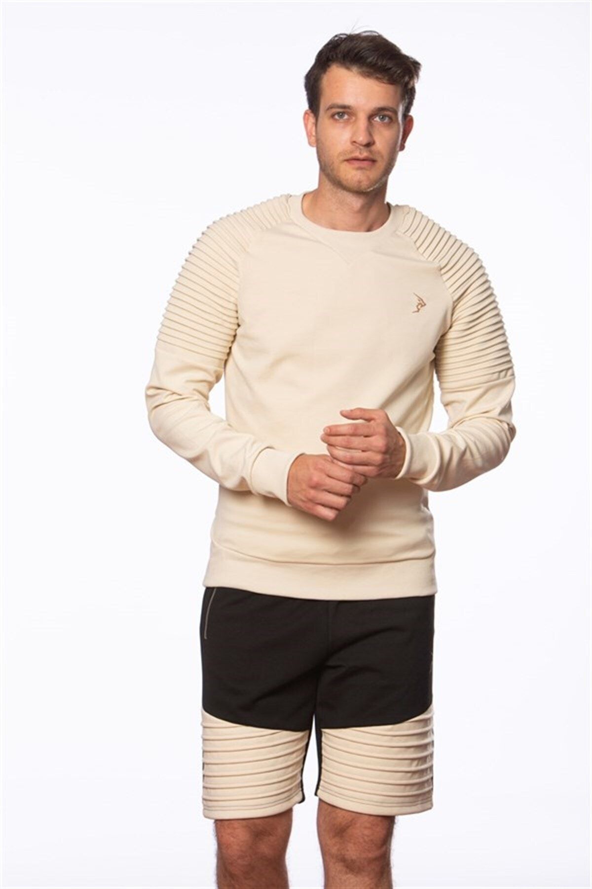 Gymlegend Erkek Ekru Omuzları Nervür Detaylı Gipeli Interlok Spor Sweatshirt