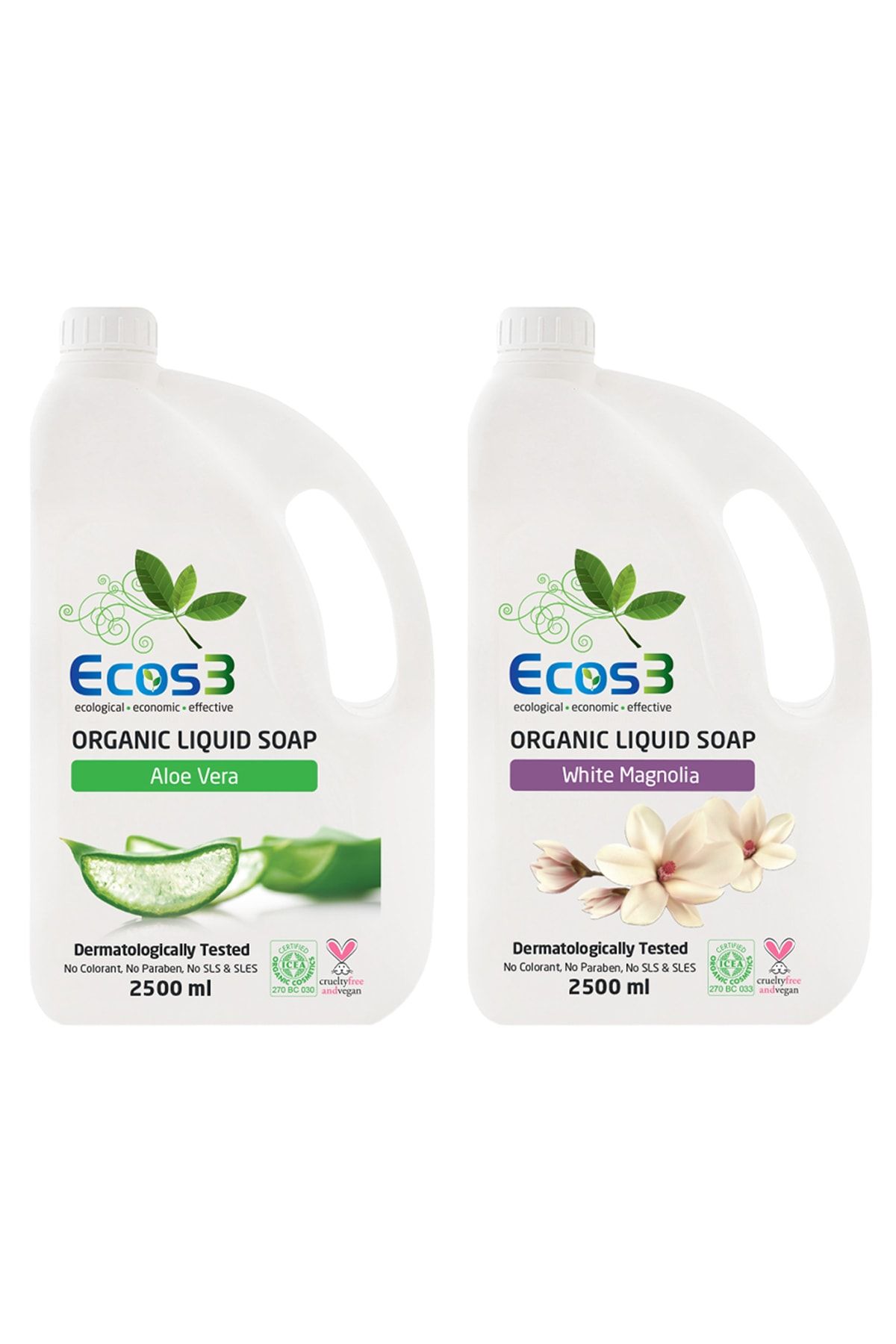 Ecos3 Avantajlı Sıvı Sabun Seti, Organik & Vegan Sertifikalı, Beyaz Manolya, Aloe Vera, 2 x 2500ml