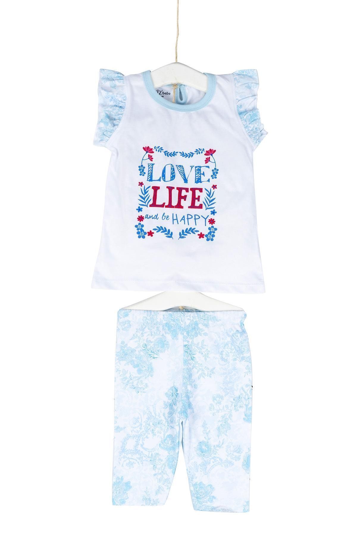 Aziz Bebe Kız Bebek Mavi Kolu Fırfırlı Çiçek Desenli Takım