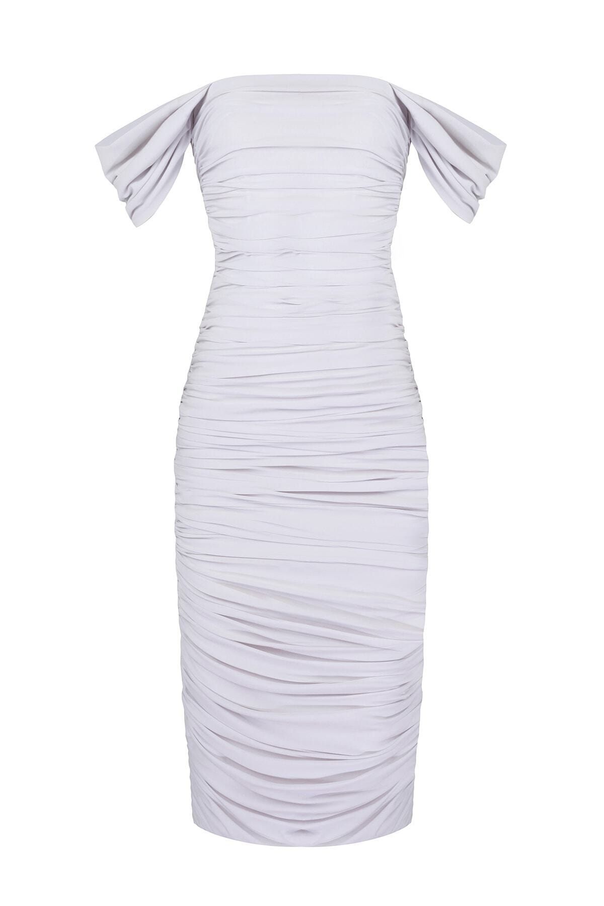 by eymen design Kadın Beyaz Düşük Kol Drapeli Midi Elbise