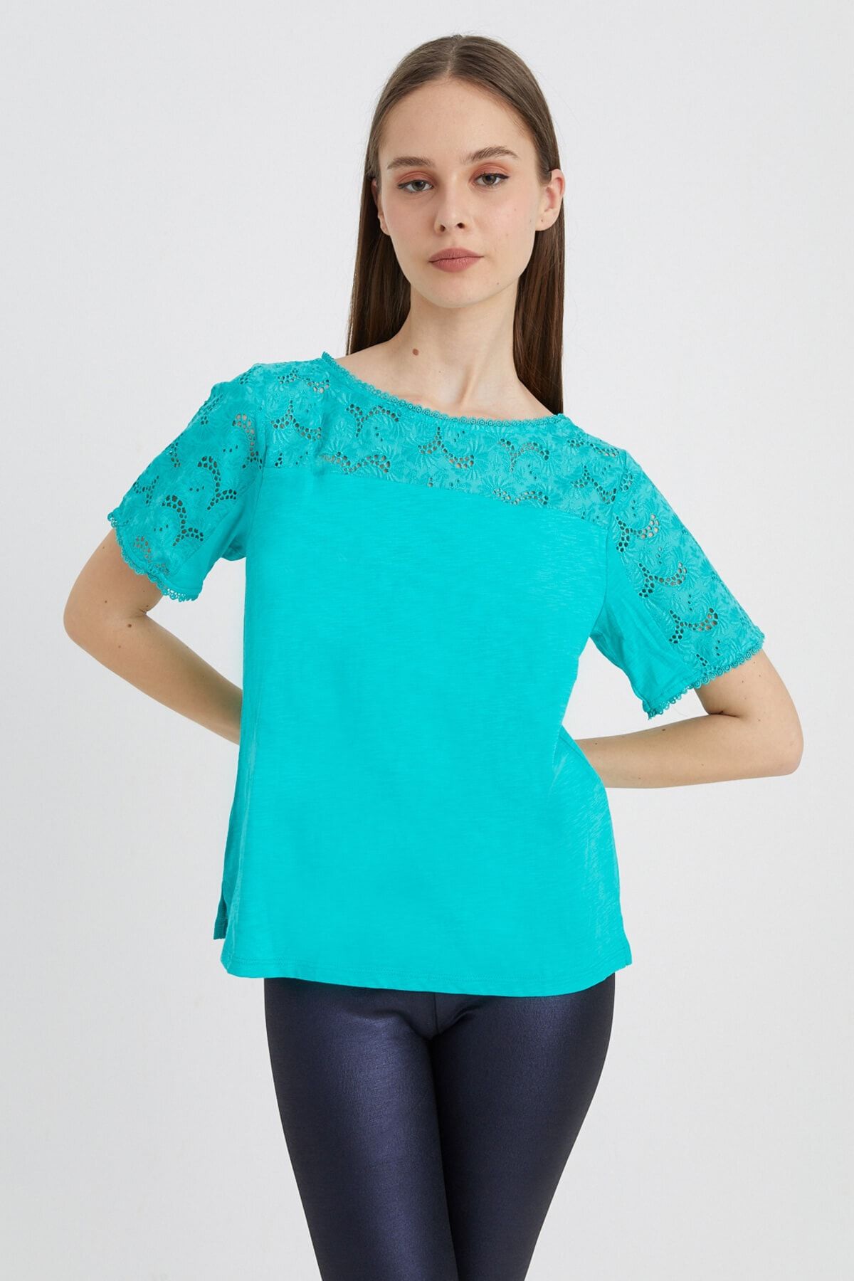 Hanna's Kadın Yeşil Dantel Detaylı Örme Bluz