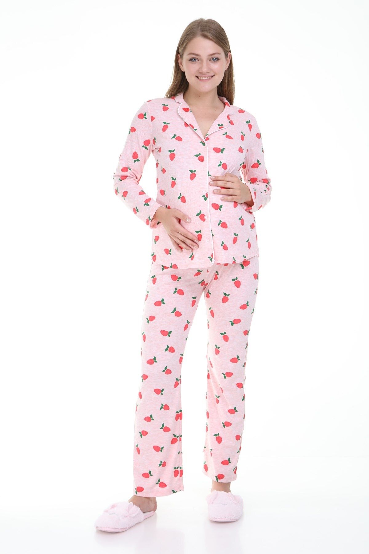 Luvmabelly Myra9531 Düğmeli Biyeli Hamile Pijama Takımı - Pembe
