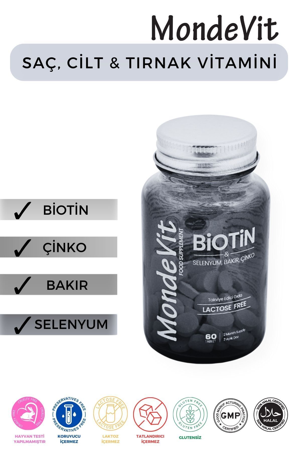 MondeVit Hair Vitamin 60 Tablet Biotin 5000 mcg-Çinko 15 mg-Bakır 2000 mcg-Selenyum 50 mcg