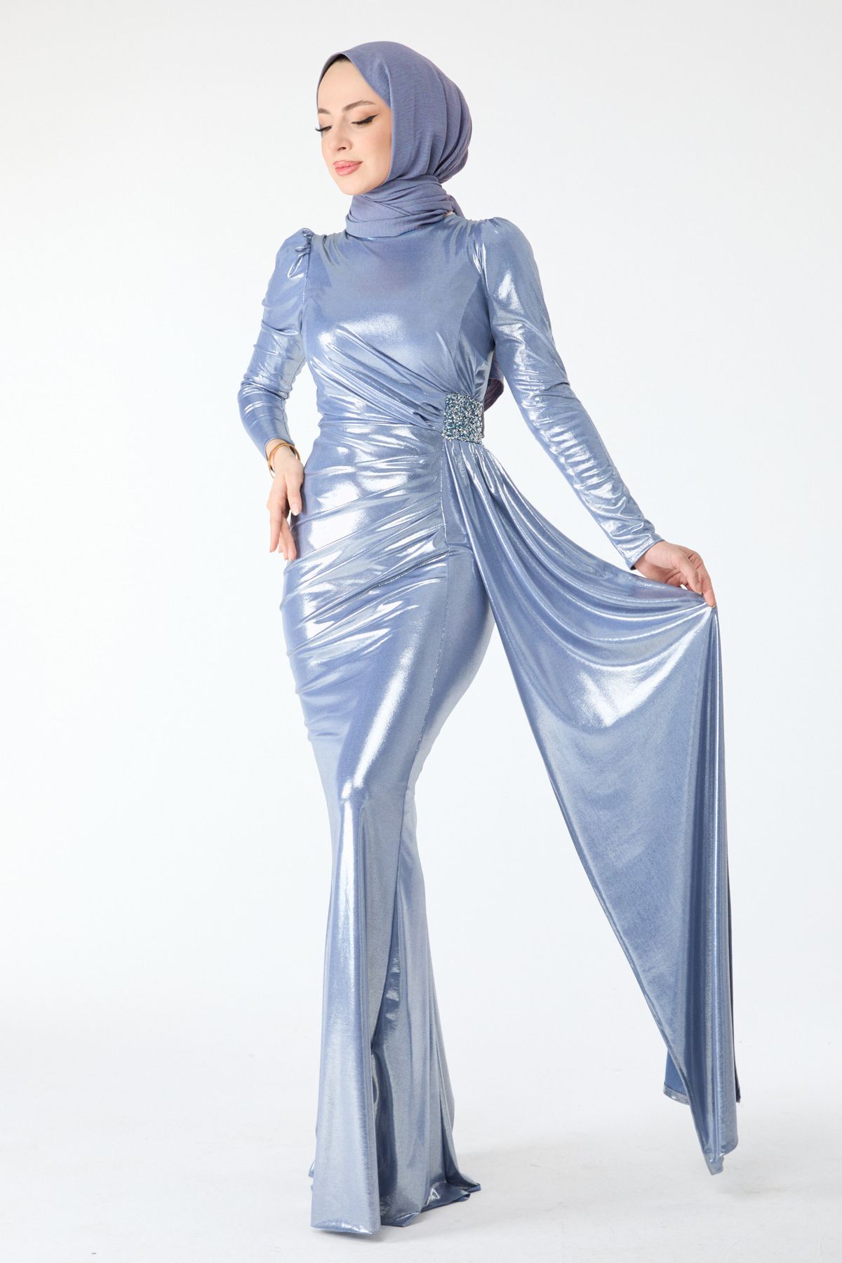 TOFİSA Düz Orta Kadın Gri Beli Taşlı Uzun Kol Abiye Elbise - 24411
