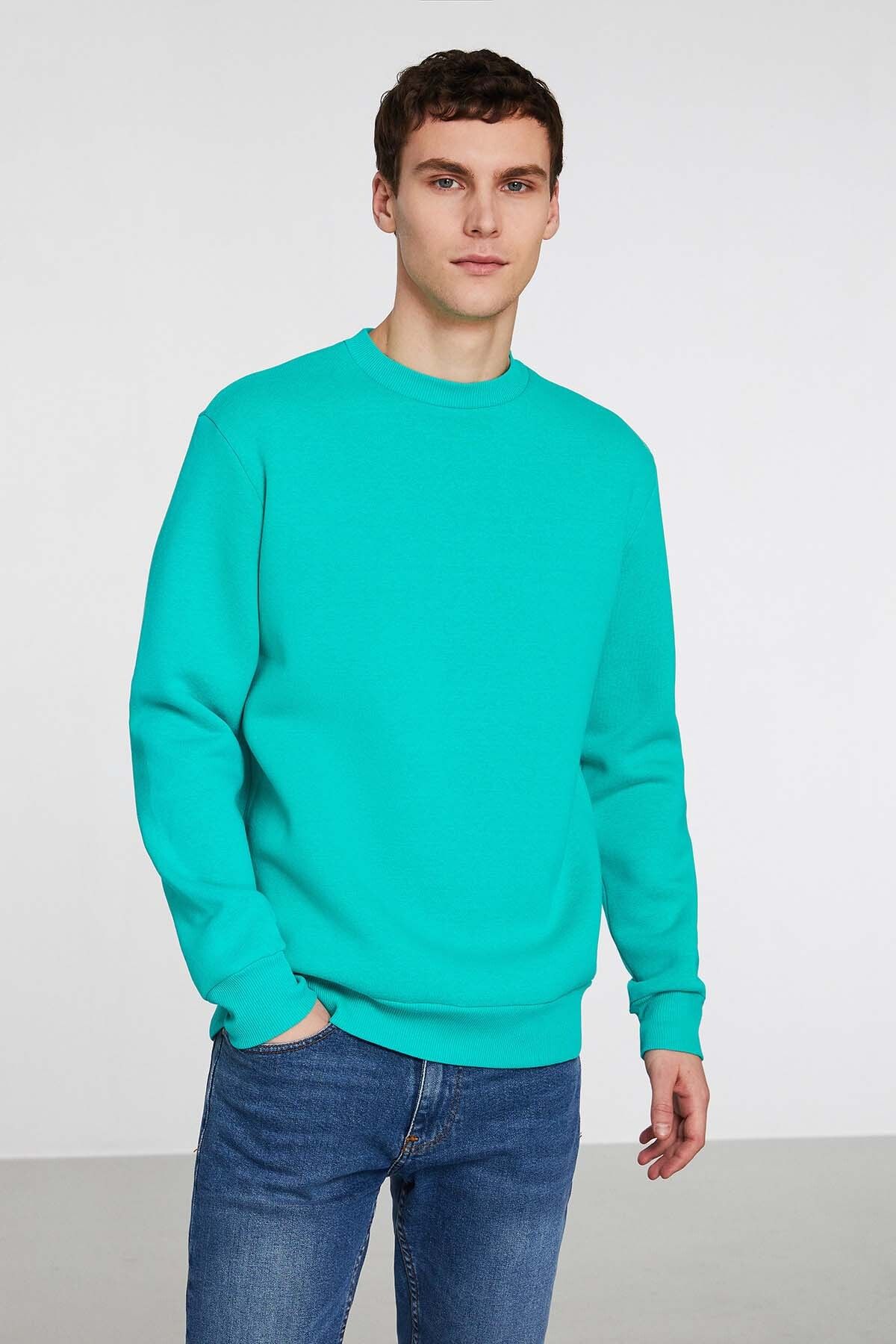 GRIMELANGE Travıs Erkek Yumuşacık Kumaşlı Regular Fit Yuvarlak Yakalı Yeşil Sweatshirt
