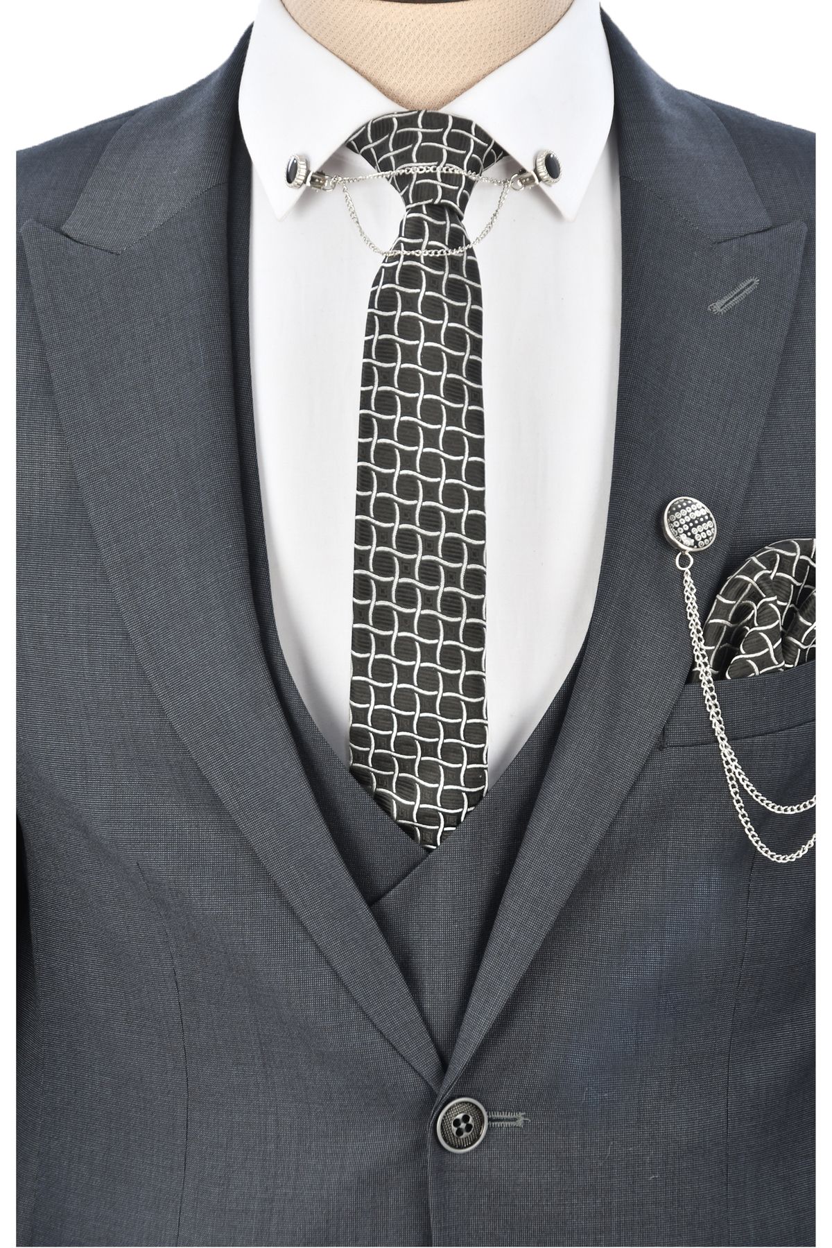 DeepSea Erkek Füme Tek Düğme Çift Yırtmaç Slim Fit 3lü Takım Elbise 2300530
