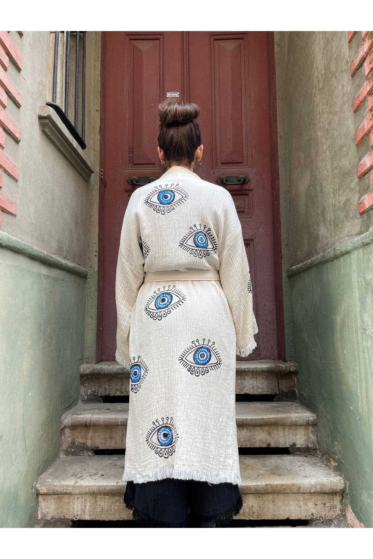Bohoyasam Bohem Müslin Kimono , mavi Göz Desenli Kimono, Yoga Kimono, Festival Kimono