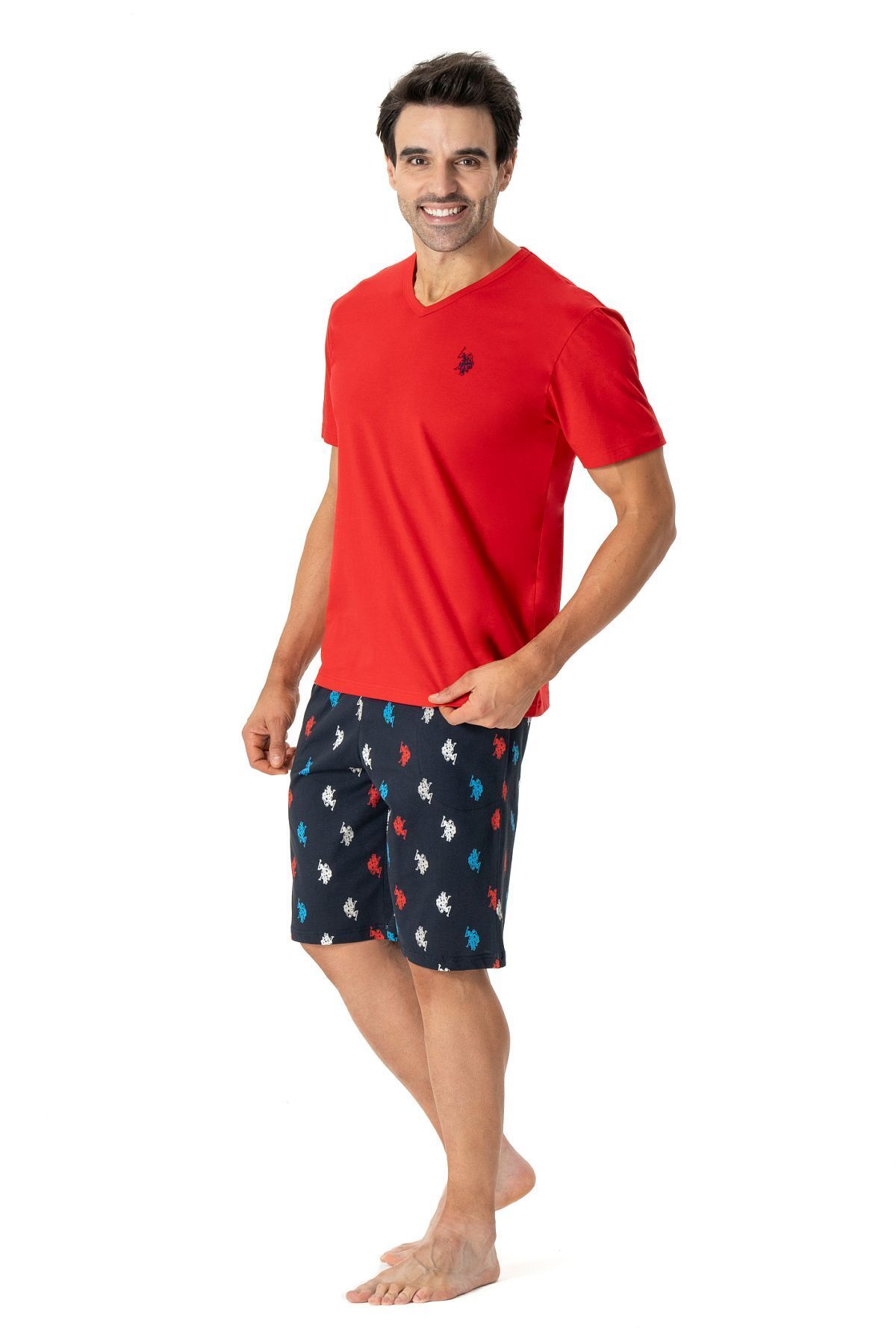 U.S. Polo Assn. U.s Polo Assn. 18770 Erkek V Yaka Kısa Kollu Şortlu Pijama Takımı-Kırmızı