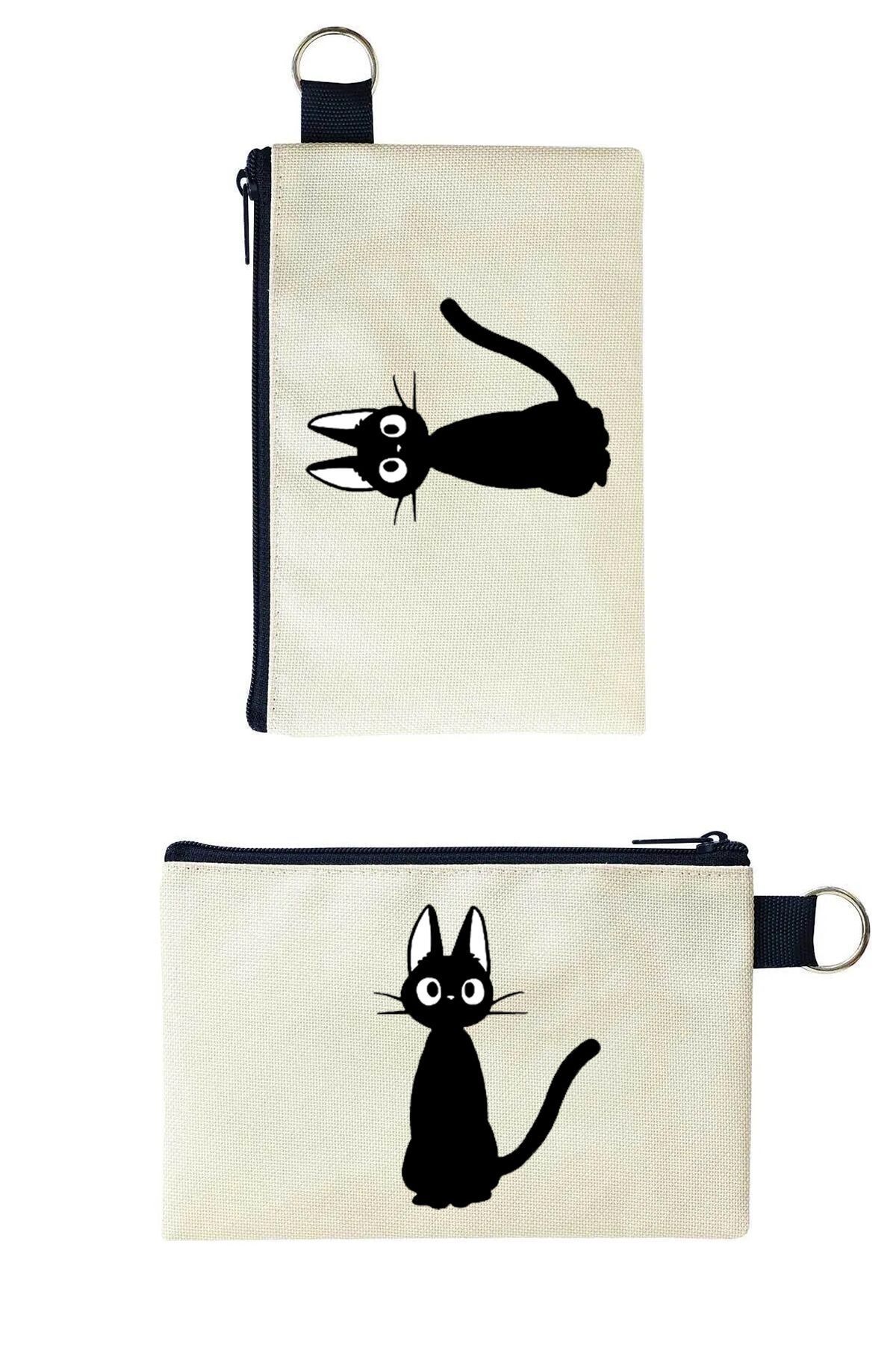 Woys Bags Siyah Kedi Baskılı Kanvas Makyaj Çantası