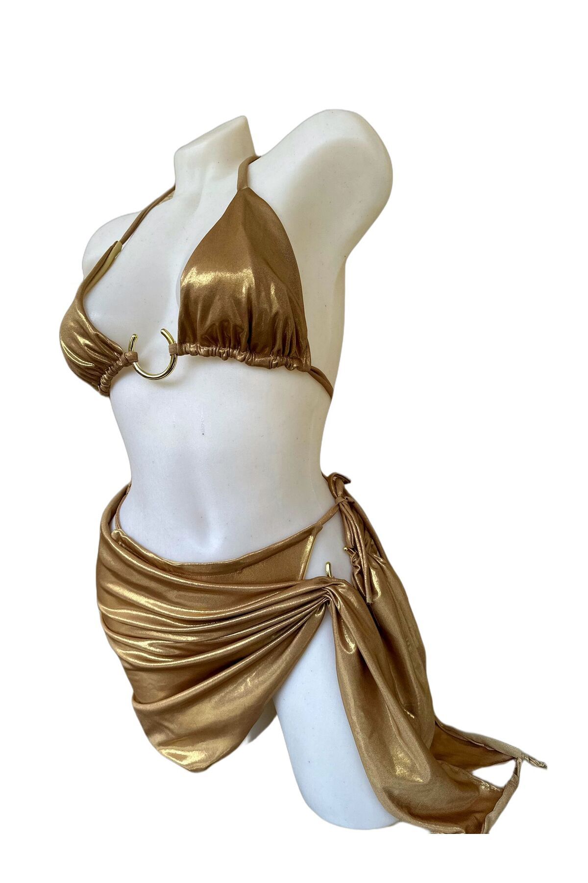 Sofistike Afrodit Altın Lame Şık Tasarım Bikini Takımı 3 Parça Pareolu Set