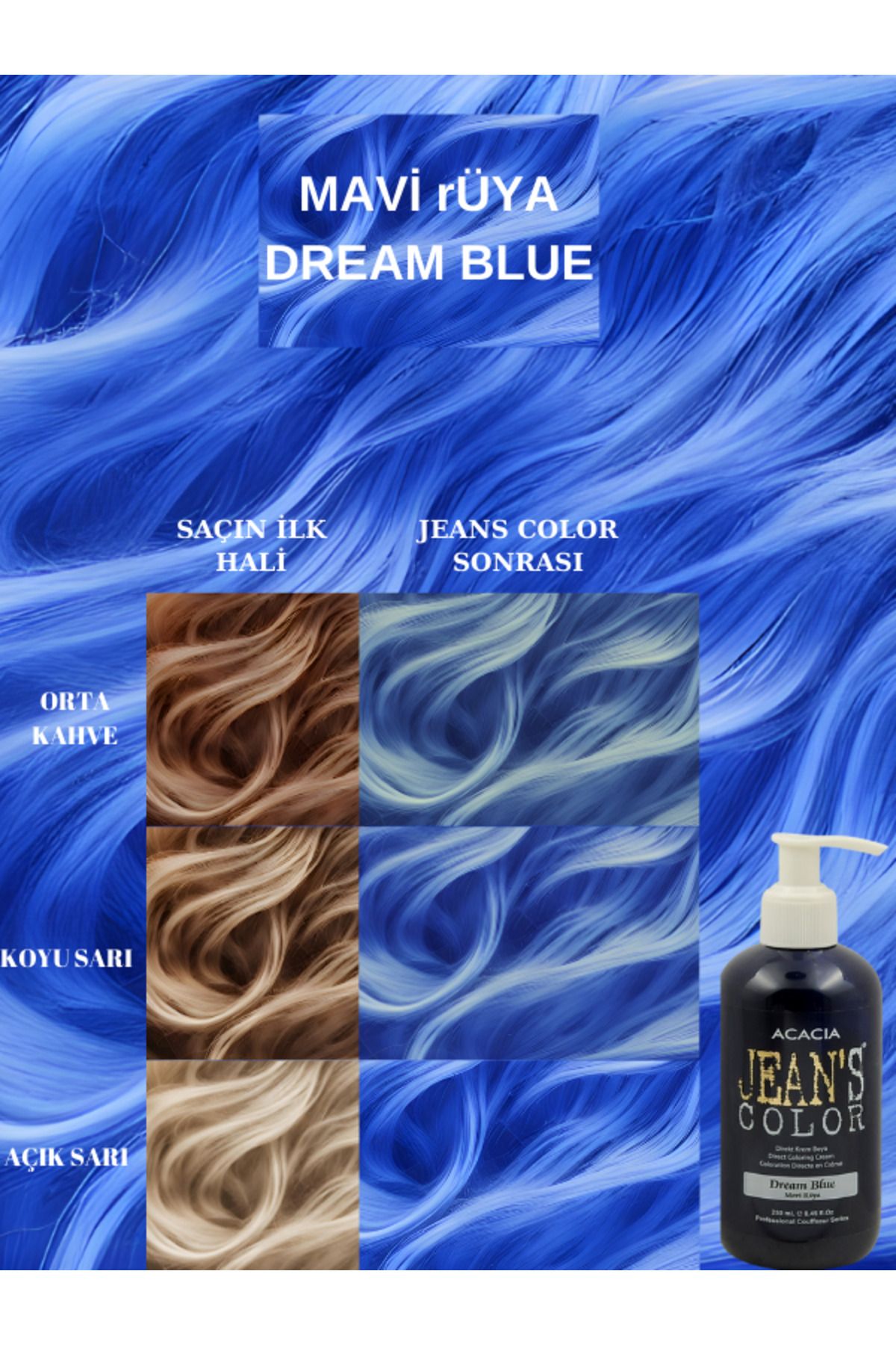 jeans color Amonyaksız Mavi Rüya Renkli Saç Boyası 250 ml Kokusuz Su Bazlı Dream Blue Hair Dye