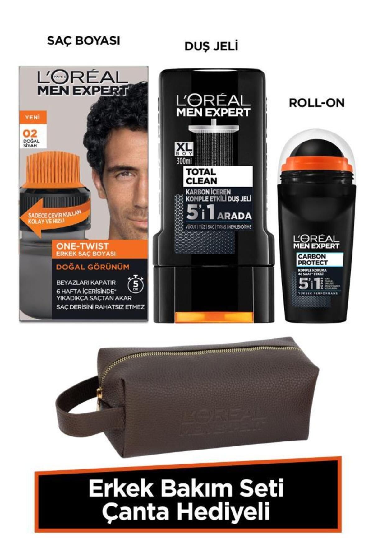 L'Oreal Paris Men Expert Erkek Bakım Seti -one Twist Saç Boyası 02 Siyah &carbon Protect Roll-on &total Clean Duş Jeli &çanta