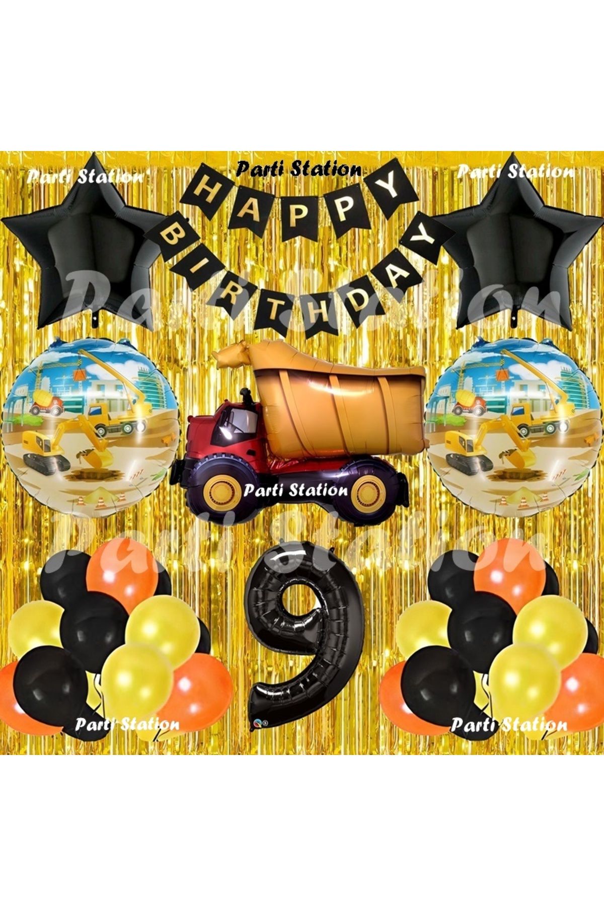 Parti Station İnşaat Konsept Kamyon Balon Set 9 Yaş Sarı Siyah İnşaat Tema Kamyon Doğum Günü Balon Set