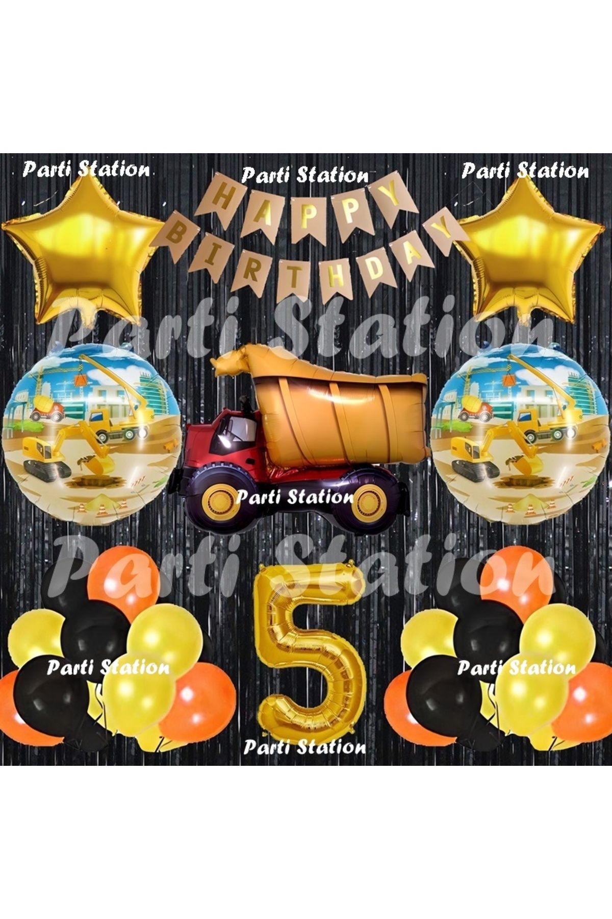 Parti Station İnşaat Konsept Kamyon Balon Set 5 Yaş Siyah İnşaat Tema Kamyon Doğum Günü Balon Set
