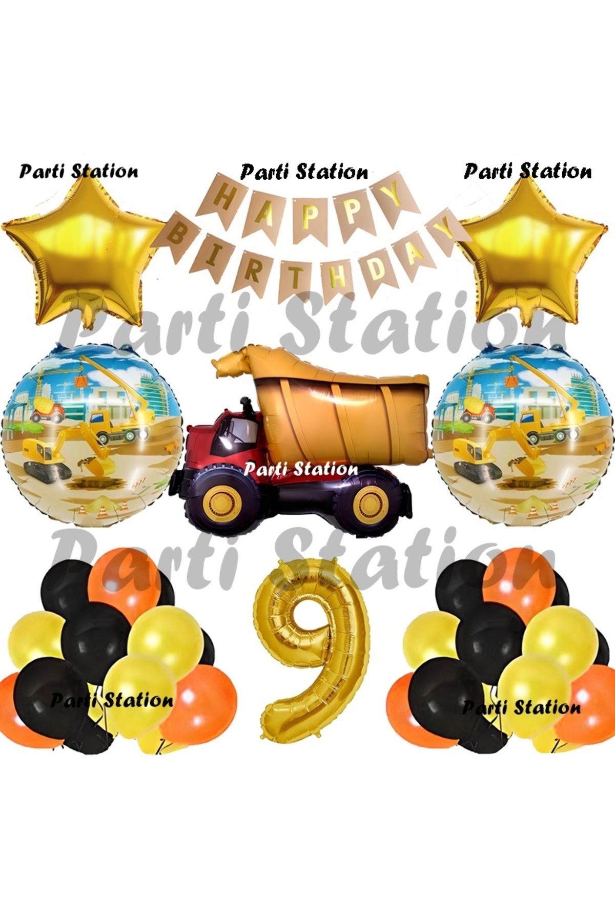 Parti Station İnşaat Konsept Kamyon Balon Set 9 Yaş İnşaat Tema Kamyon Doğum Günü Balon Set