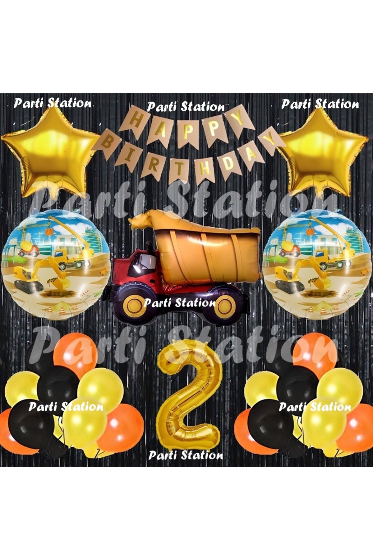 Parti Station İnşaat Konsept Kamyon Balon Set 2 Yaş Siyah İnşaat Tema Kamyon Doğum Günü Balon Set