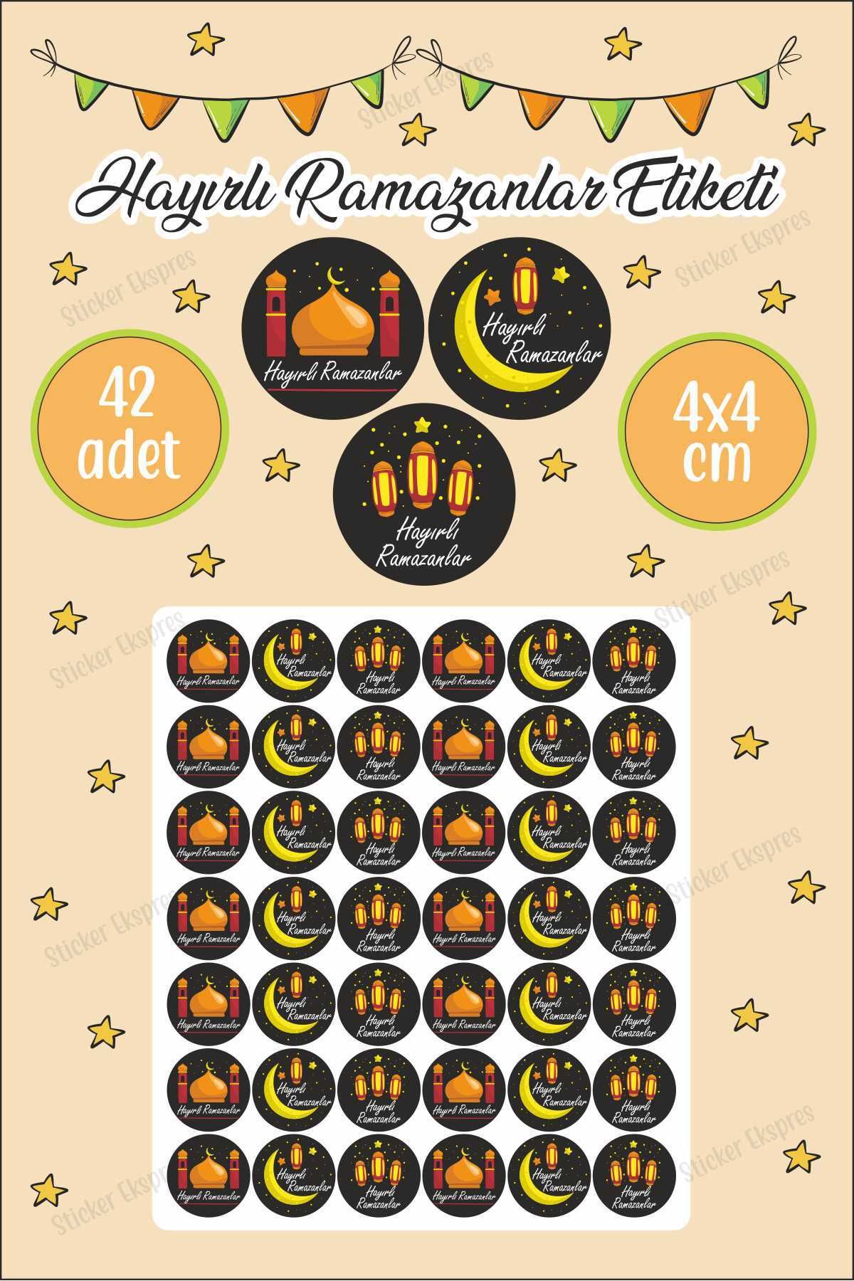 Sticker Ekspres Siyah Zeminli Hayırlı Ramazanlar Etiketi 4 cm 42 Adet Suya Dayanıklı Sticker