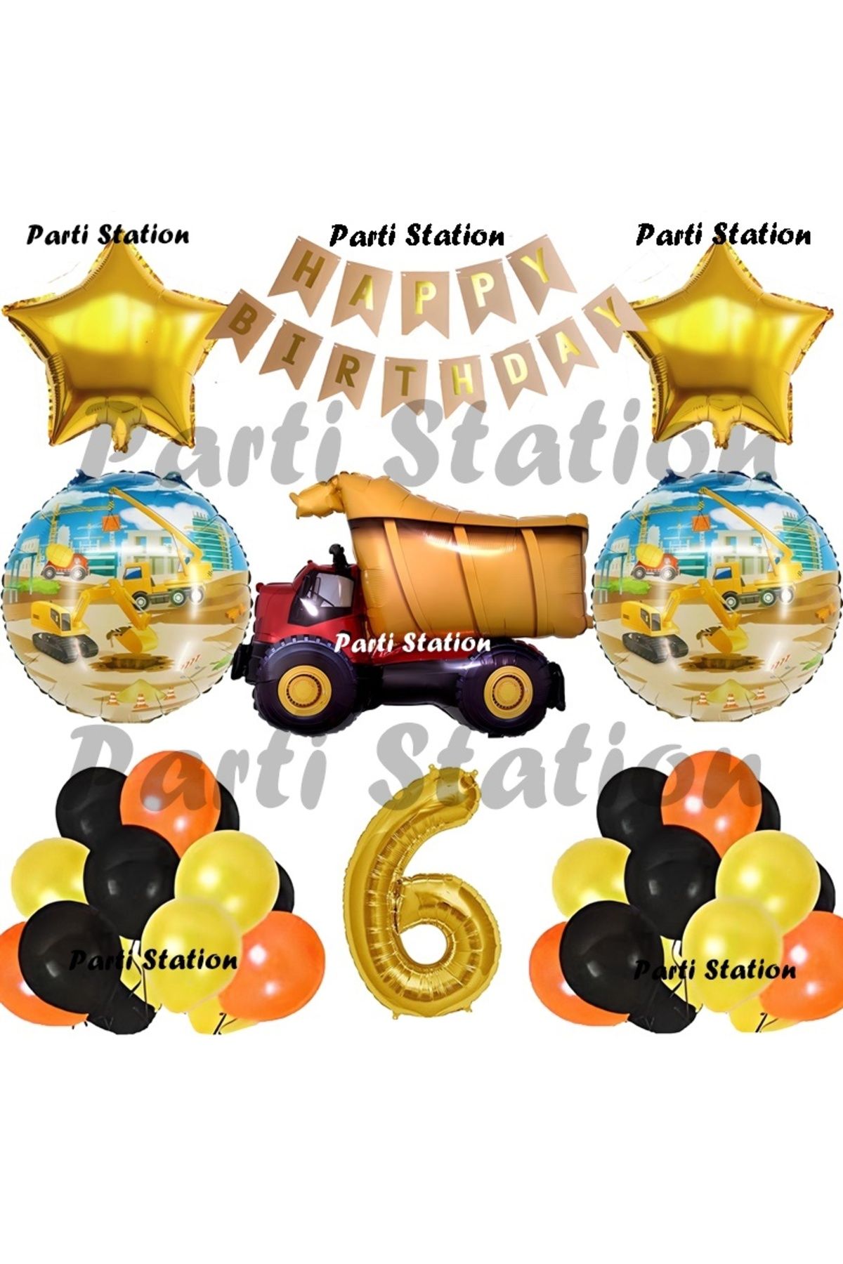 Parti Station İnşaat Konsept Kamyon Balon Set 6 Yaş İnşaat Tema Kamyon Doğum Günü Balon Set