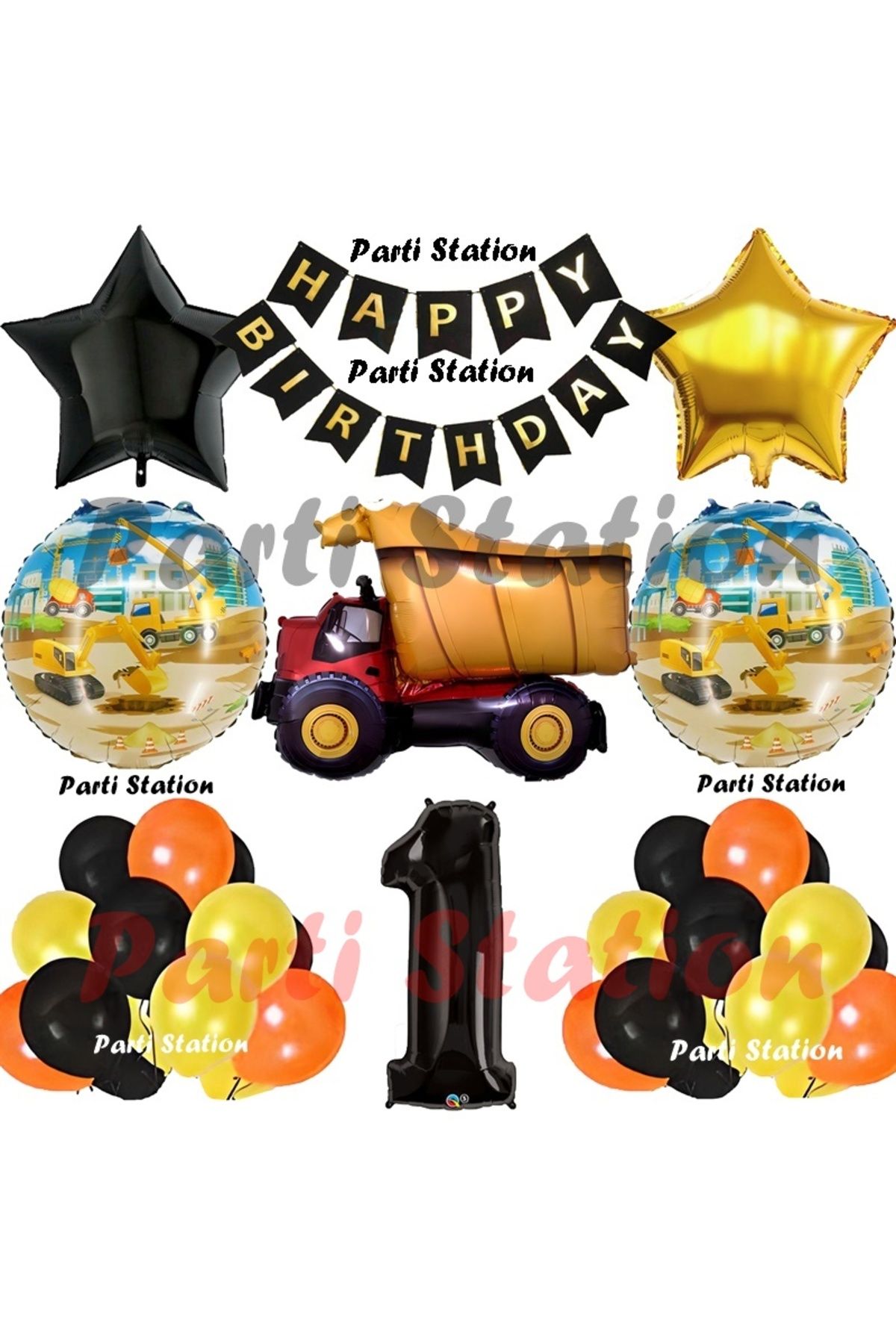 Parti Station İnşaat Konsept Kamyon Balon Set 1 Yaş İnşaat Tema Kamyon Tema Doğum Günü Balon Set