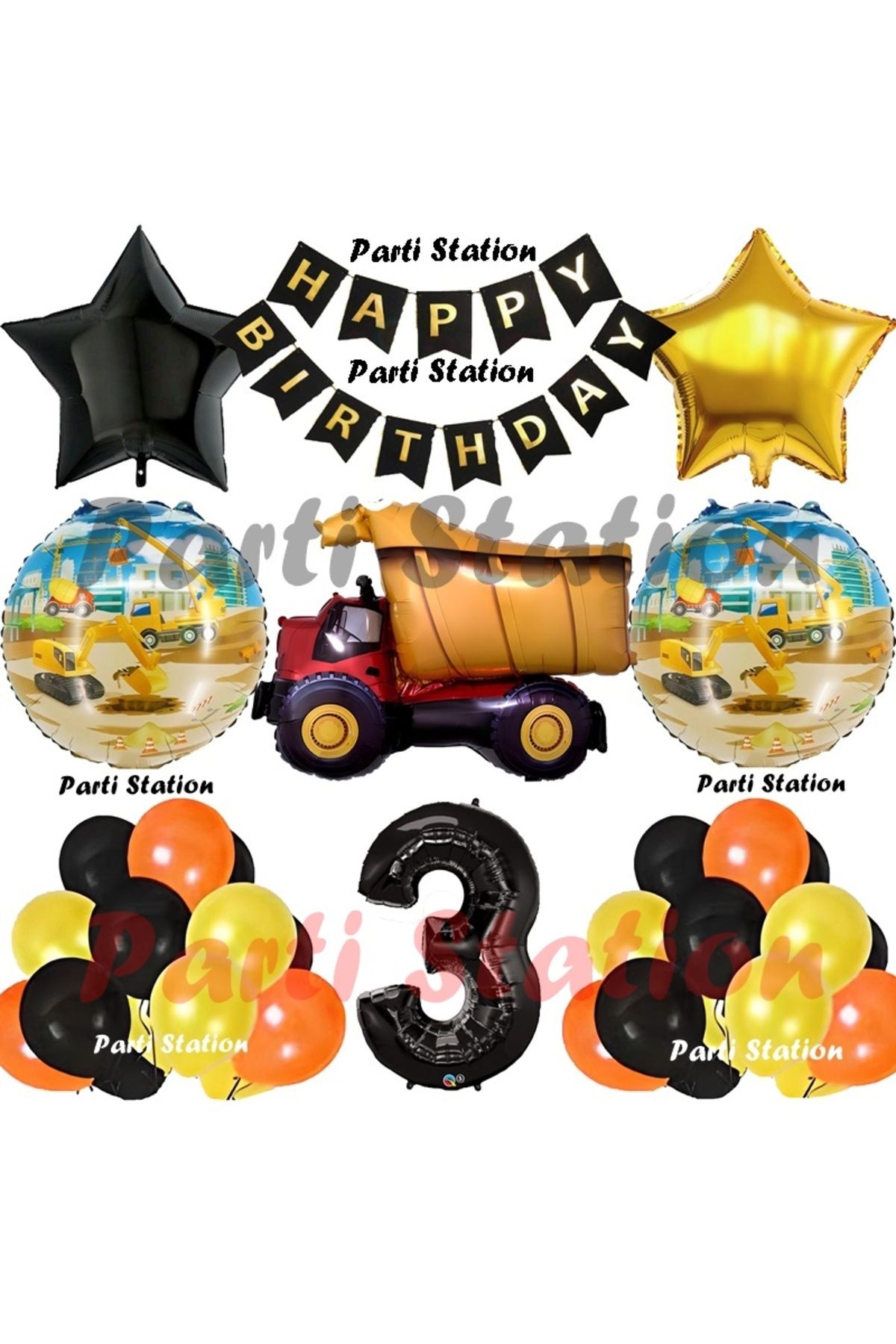 Parti Station İnşaat Konsept Kamyon Balon Set 3 Yaş İnşaat Tema Kamyon Tema Doğum Günü Balon Set