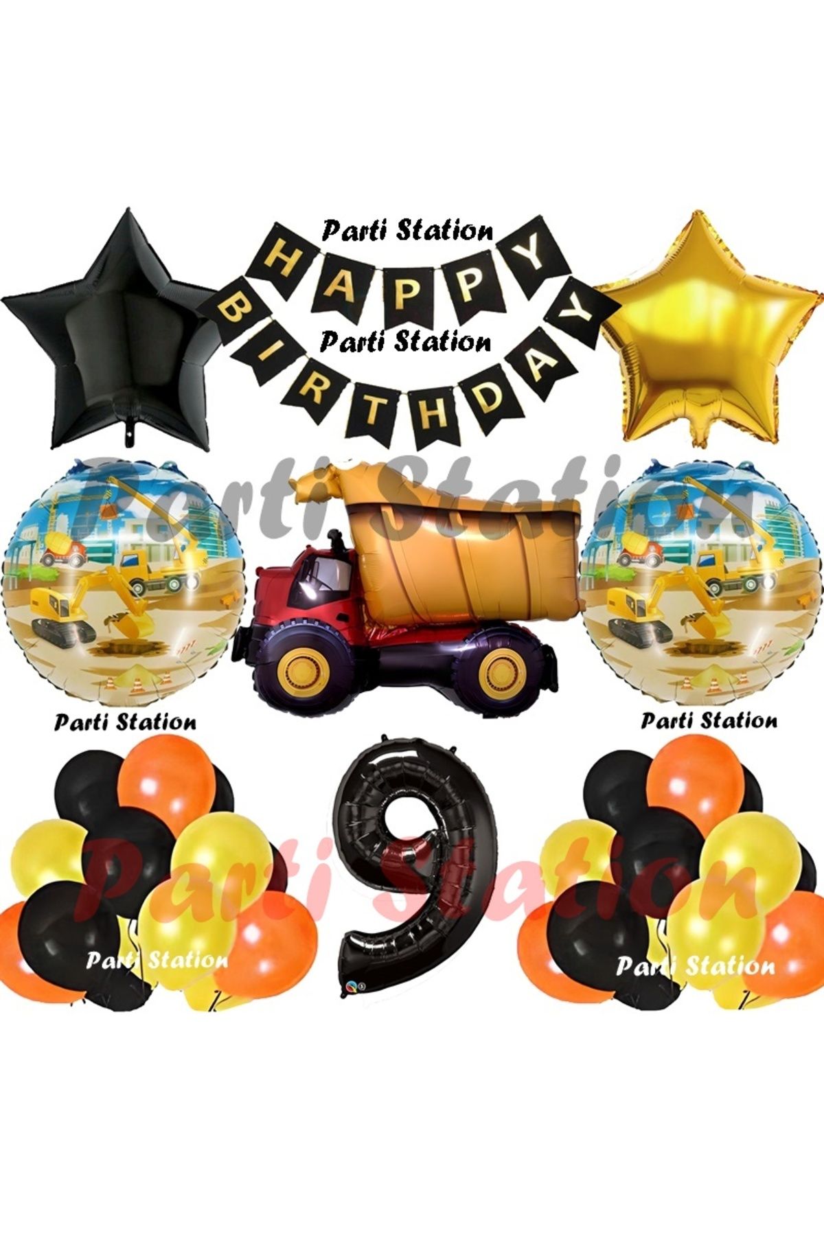 Parti Station İnşaat Konsept Kamyon Balon Set 9 Yaş İnşaat Tema Kamyon Tema Doğum Günü Balon Set