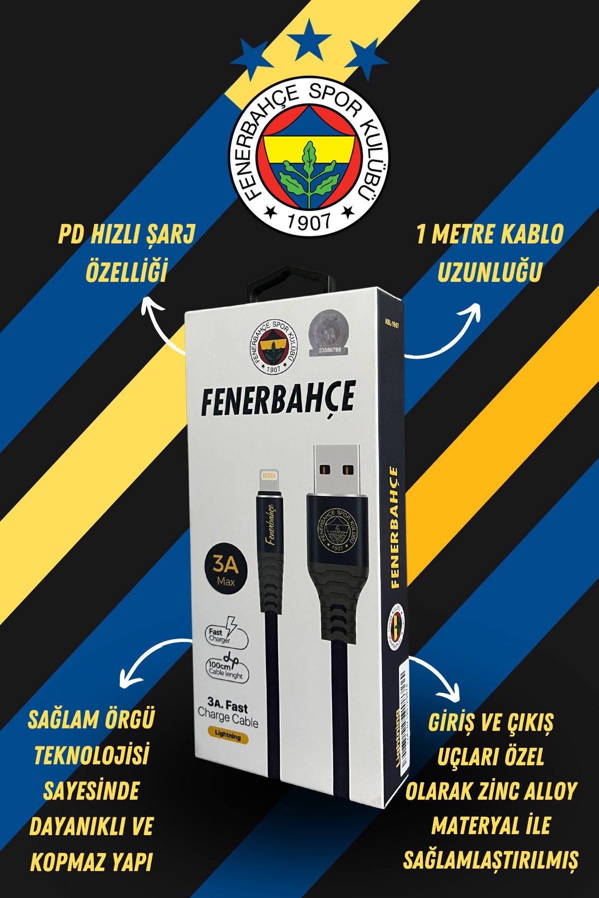 Fenerbahçe Orijinal Lisanslı (MİCRO USB, TYPE C, LİGHTNİNG) 1 Metre Şarj Kablosu