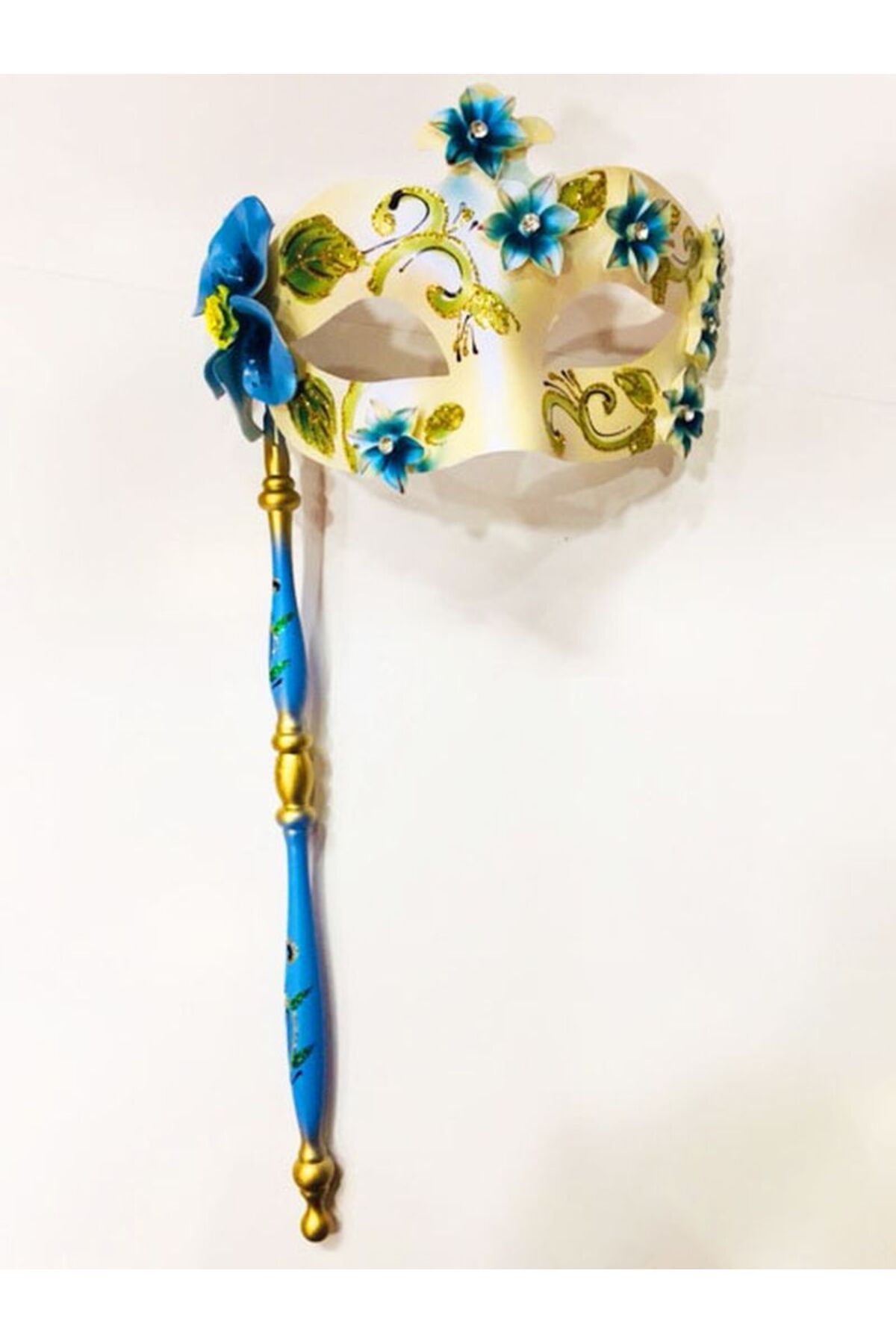 Angel Of Life Mavi Renk Çiçek Işlemeli Tutmalı Venedik Göz Maskesi 33x17 Cm
