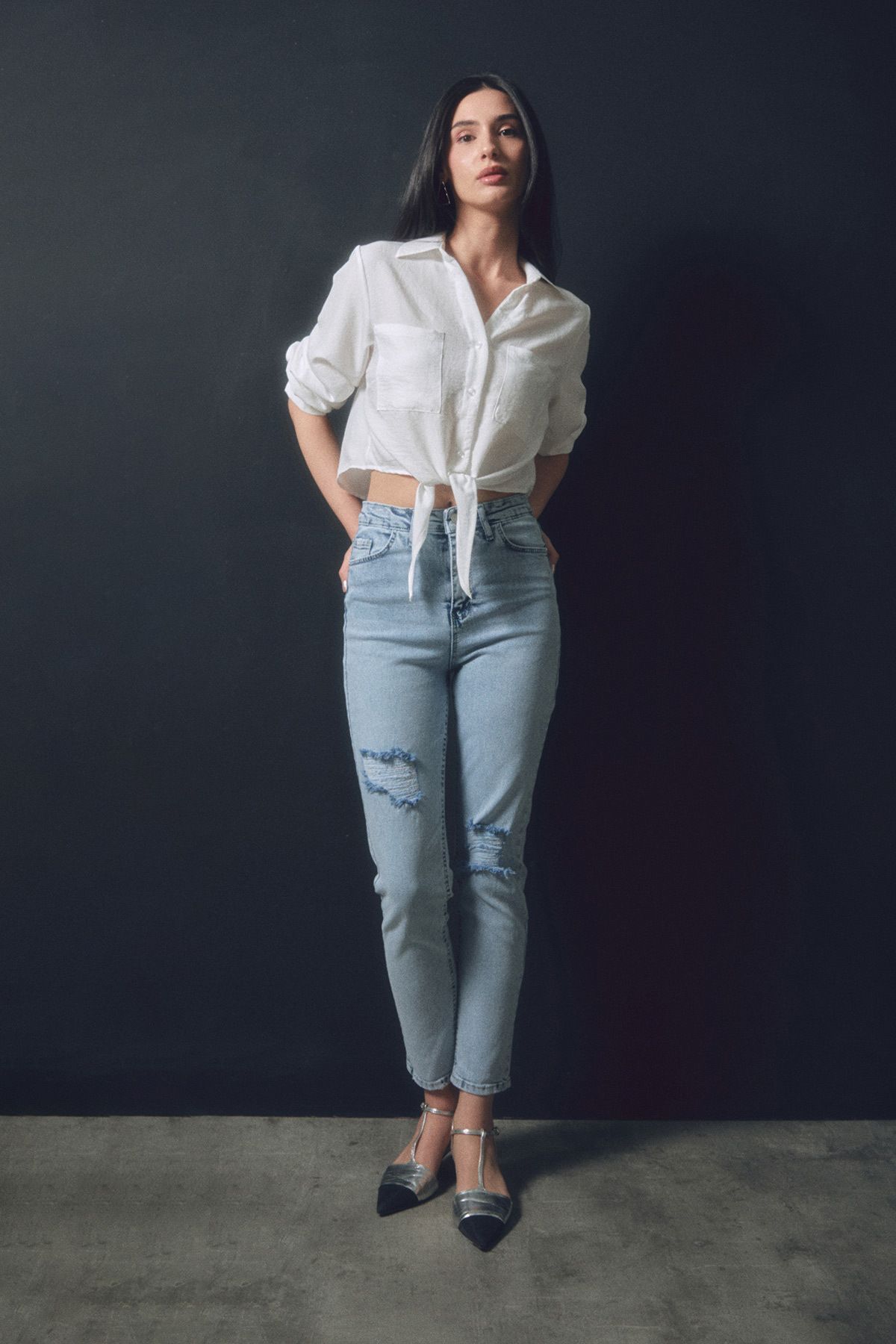 Fullamoda Yüksek Bel Yırtık Detaylı Straight Jean
