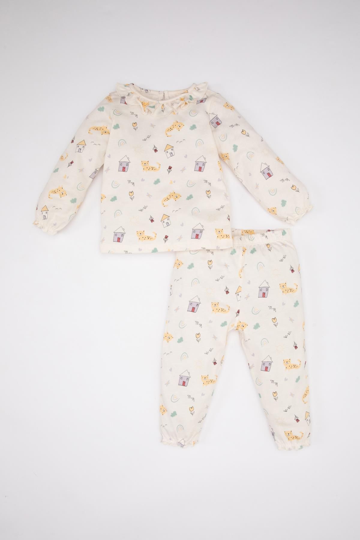 Defacto Kız Bebek Hayvan Desenli Uzun Kollu Penye Pijama Takımı C0661A524SP