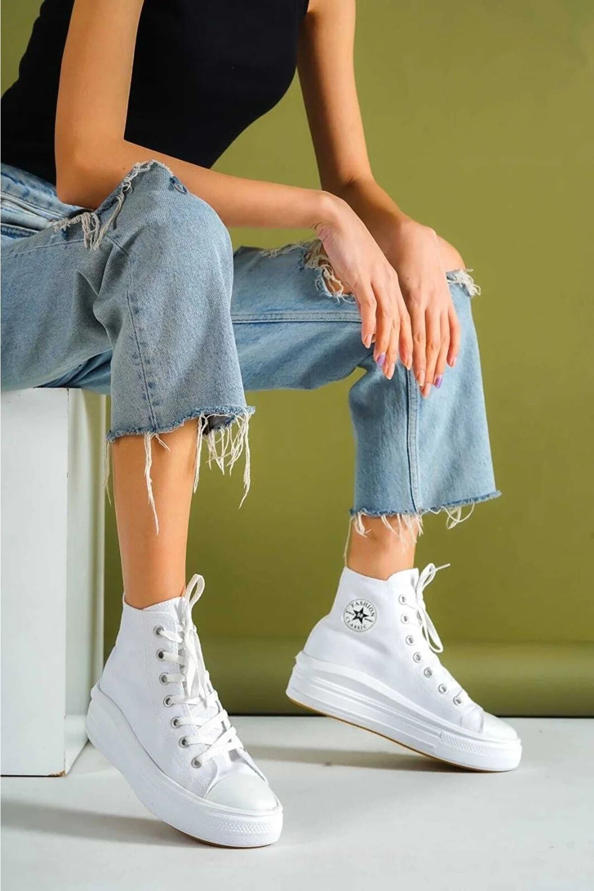 ripuvainen Lofty Kadın Beyaz Rahat Kalıp Keten Bilekli Kalın Tabanlı -5cm- Bağcıklı Spor Sneaker Ayakkabı