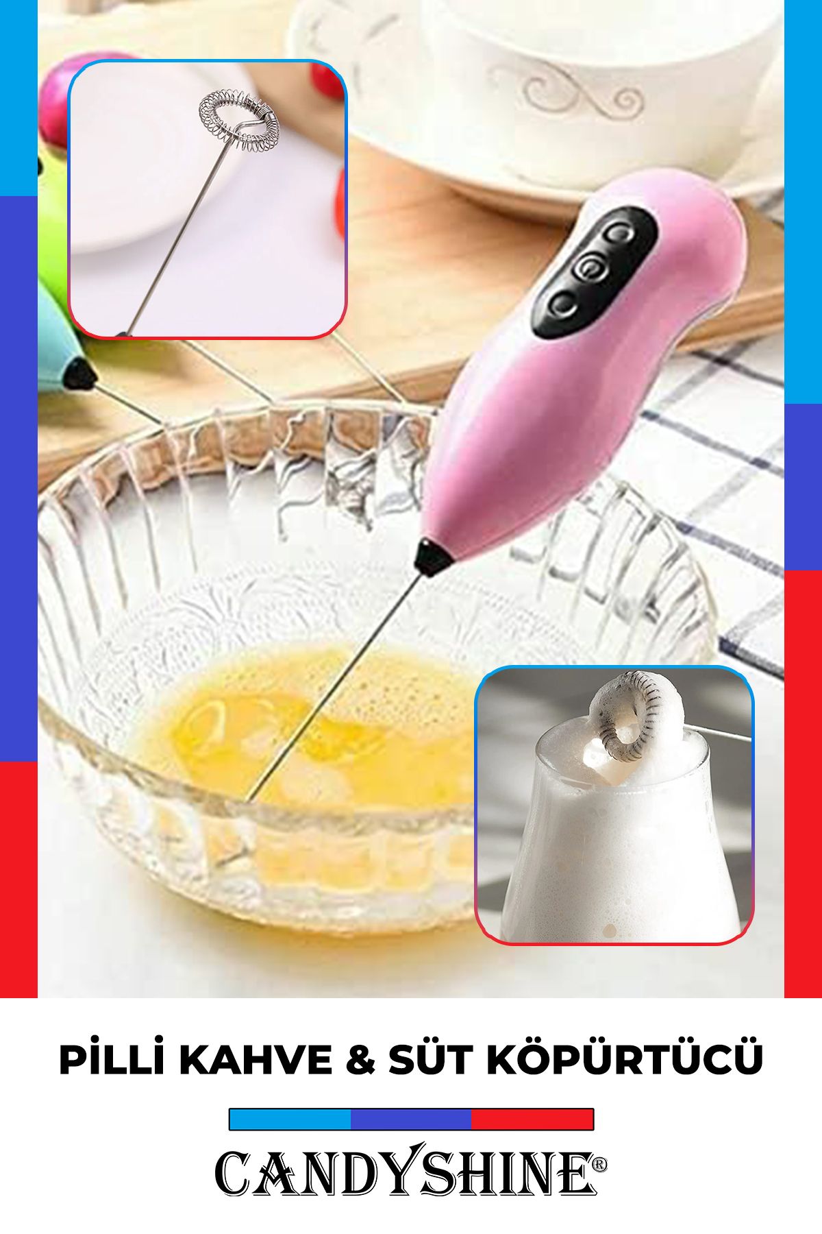 CandyShine Mini Karıştırıcı Süt Köpürtücü El Mikseri Pilli Çırpıcı Blender