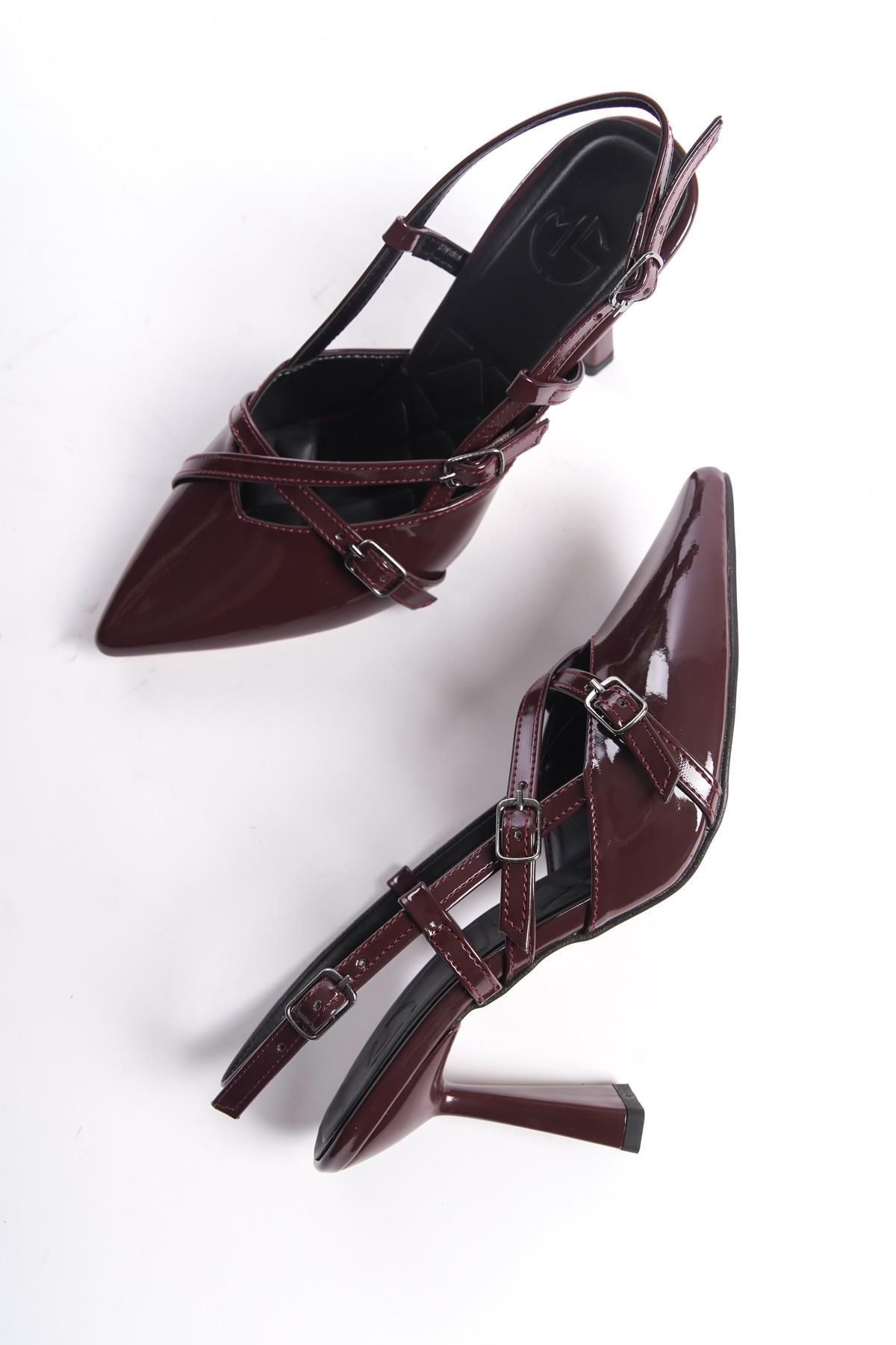 Modabuymus İkpar Mary Jane Bordo Rugan İki Bantlı Stiletto Sivri Yüksek Topuklu Ayakkabı