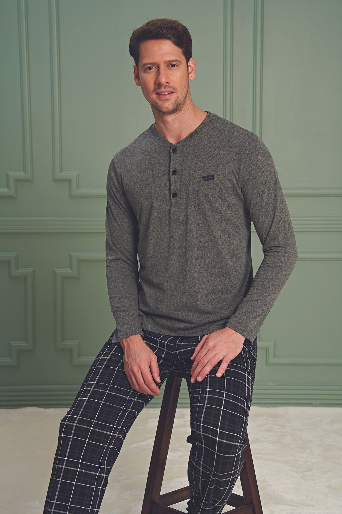 BSM Erkek Yüksek Kalite Pamuklu Ekose Desenli Uzun Kollu Antarsit Pijama Takımı
