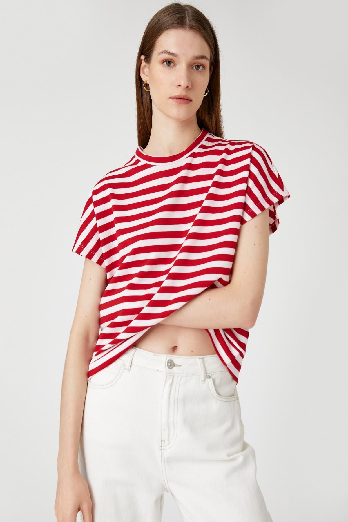 Koton Kadın Kırmızı Çizgili T-Shirt