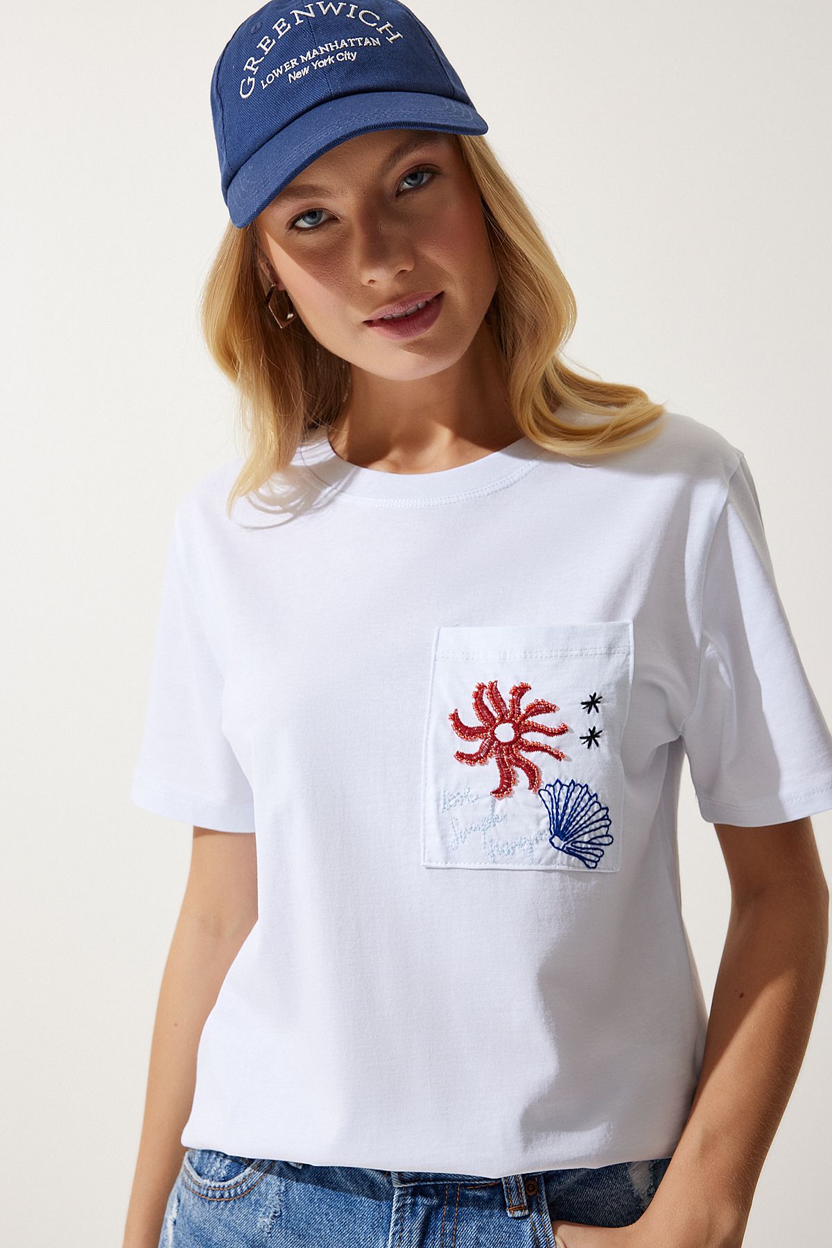 Happiness İstanbul Kadın Beyaz Bisiklet Yaka İşlemeli Örme T-Shirt CR00425