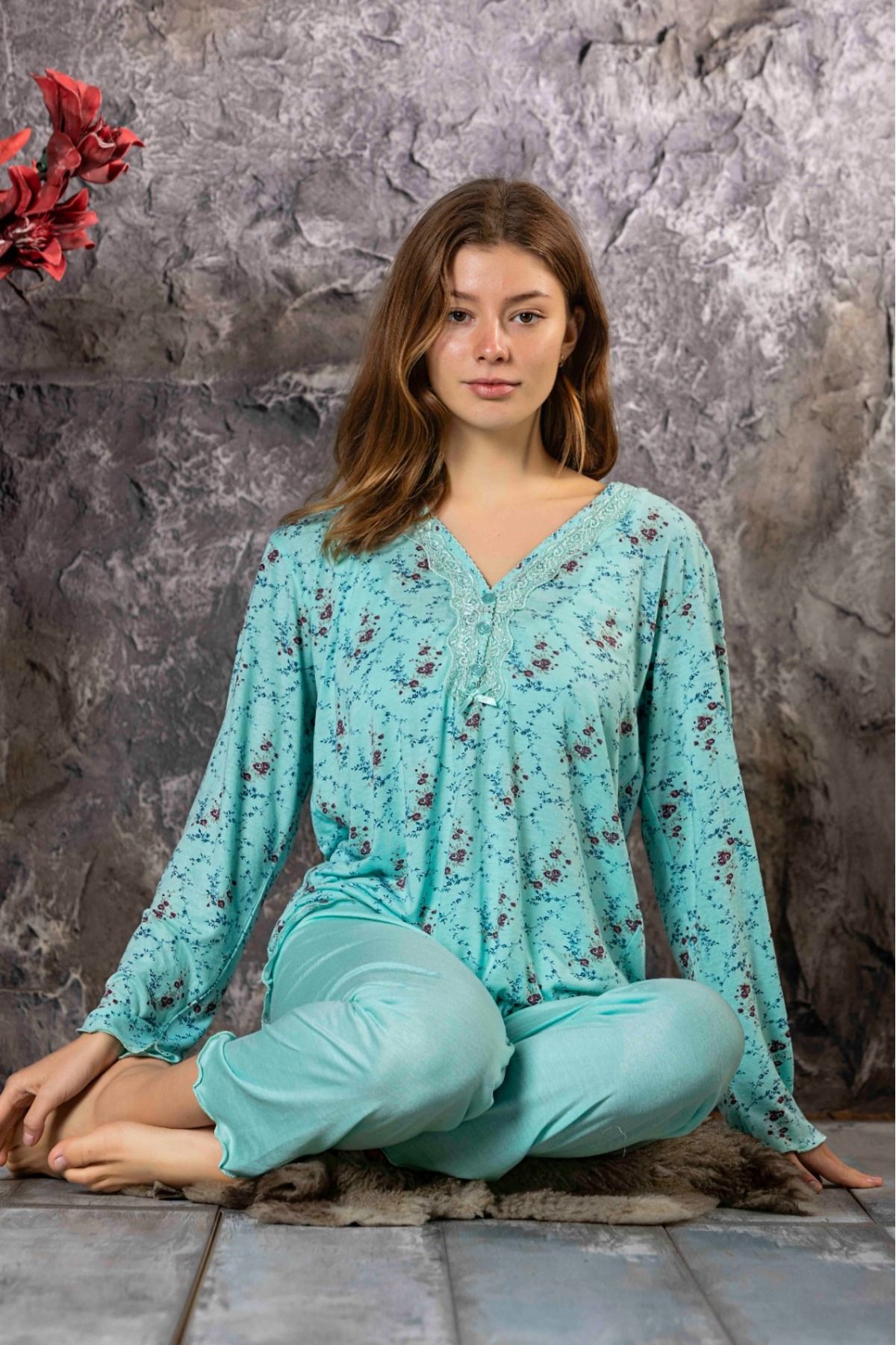 Meba Kadın Uzun Kollu Yeşil Çiçekli Penye Pijama Takımı P910-16
